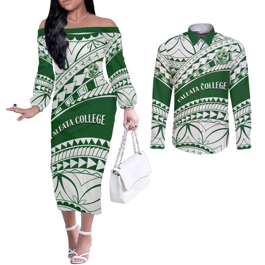 Personalised Samoa Faleata College Couples Matching Off The Shoulder Long Sleeve Dress and Long Sleeve Button Shirt Samoan Pattern LT14 Green - Polynesian Pride