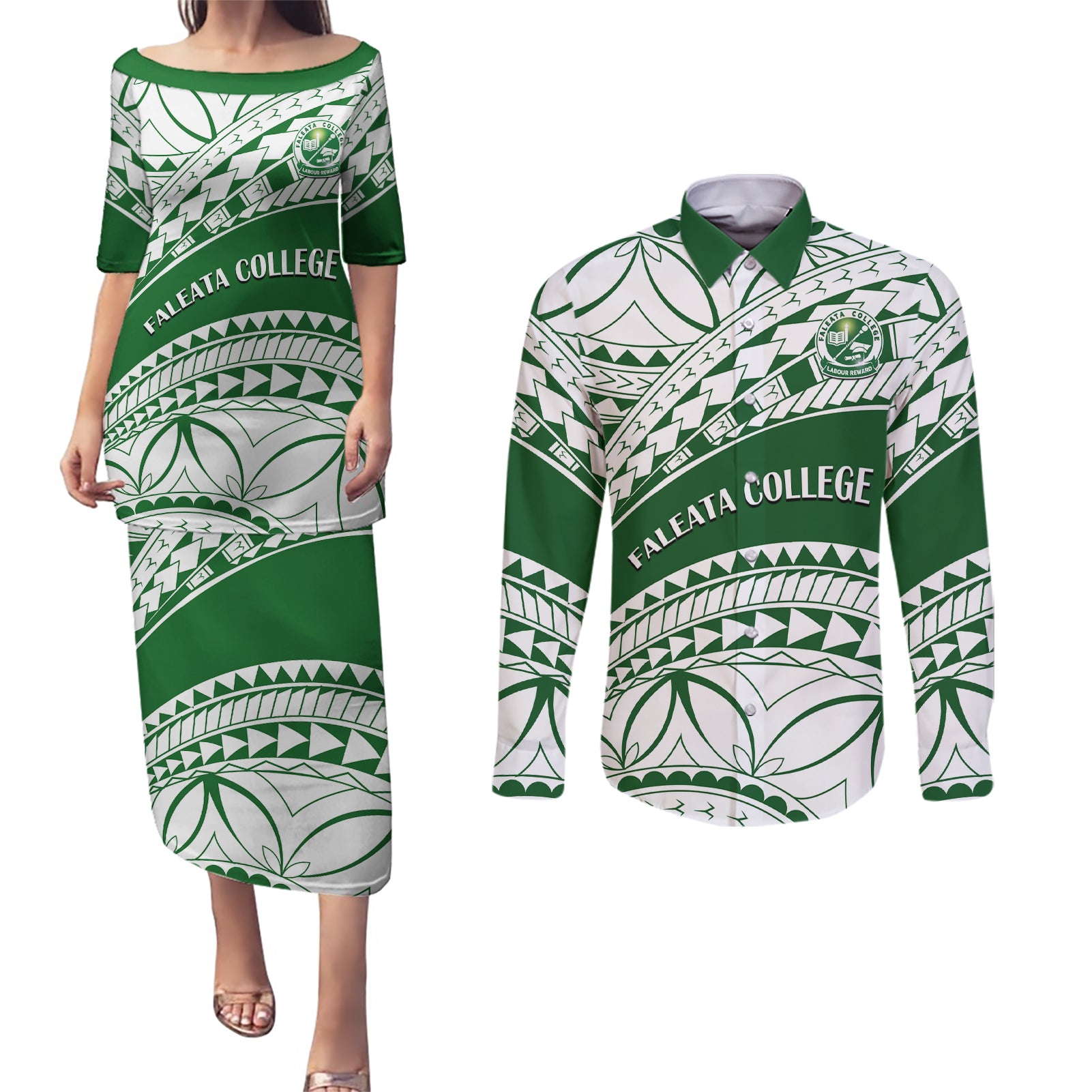 Personalised Samoa Faleata College Couples Matching Puletasi Dress and Long Sleeve Button Shirt Samoan Pattern LT14 Green - Polynesian Pride