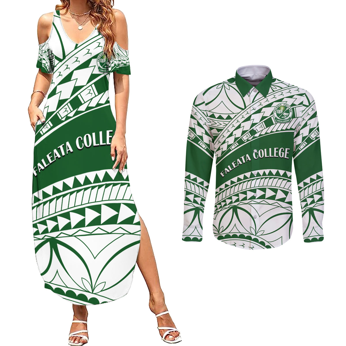 Personalised Samoa Faleata College Couples Matching Summer Maxi Dress and Long Sleeve Button Shirt Samoan Pattern LT14 Green - Polynesian Pride