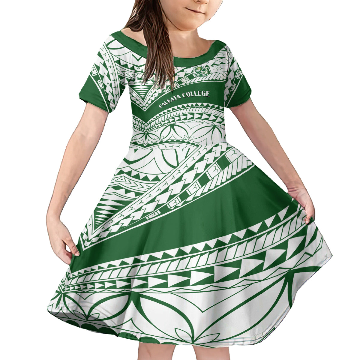 Personalised Samoa Faleata College Family Matching Long Sleeve Bodycon Dress and Hawaiian Shirt Samoan Pattern LT14 Daughter's Dress Green - Polynesian Pride