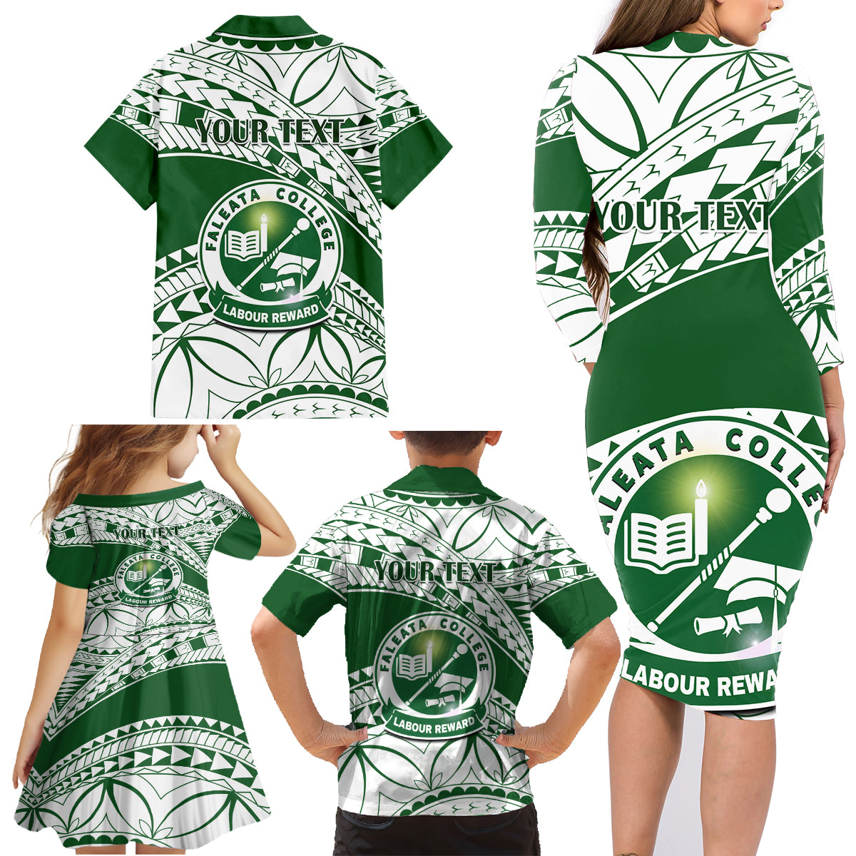 Personalised Samoa Faleata College Family Matching Long Sleeve Bodycon Dress and Hawaiian Shirt Samoan Pattern LT14 - Polynesian Pride