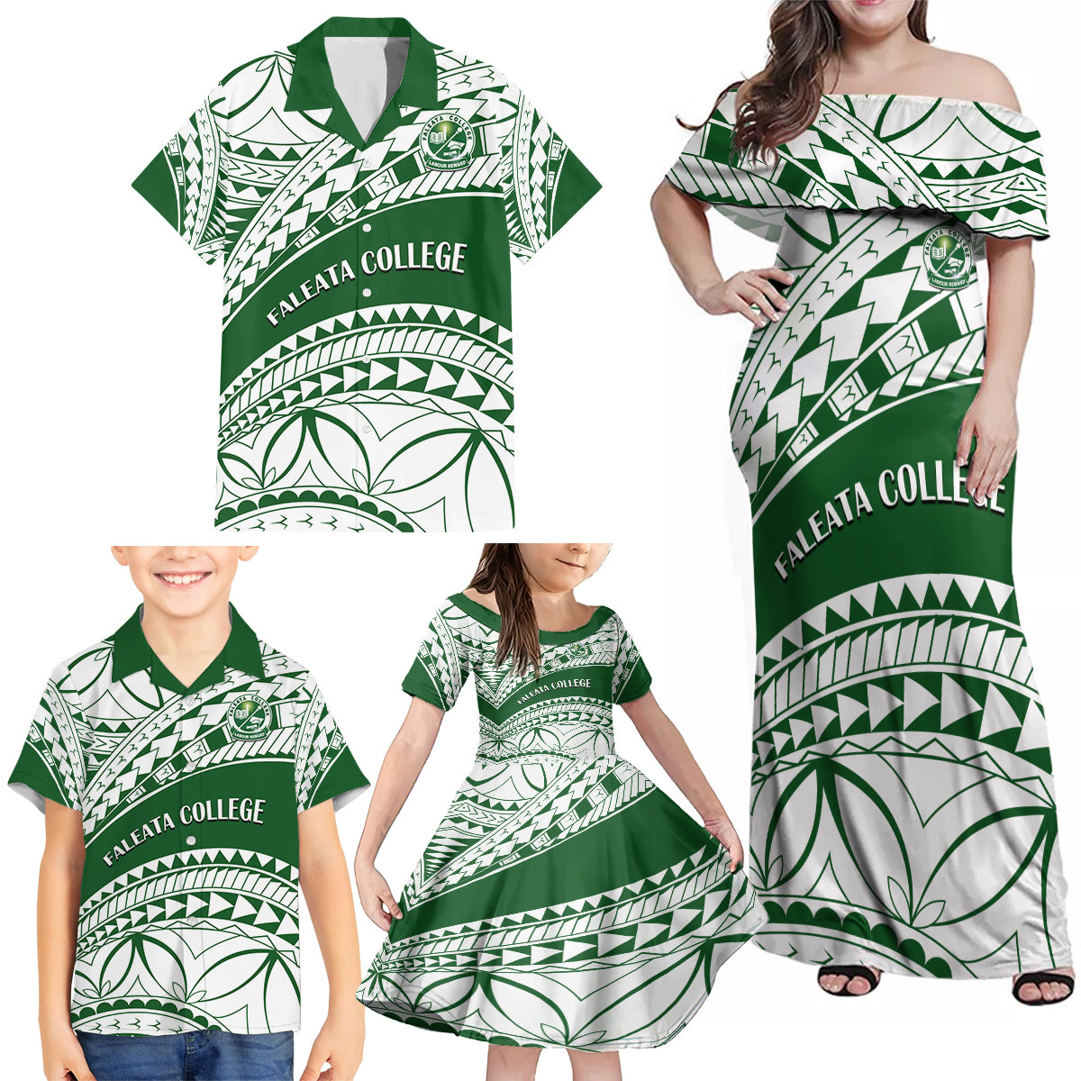 Personalised Samoa Faleata College Family Matching Off Shoulder Maxi Dress and Hawaiian Shirt Samoan Pattern LT14 - Polynesian Pride