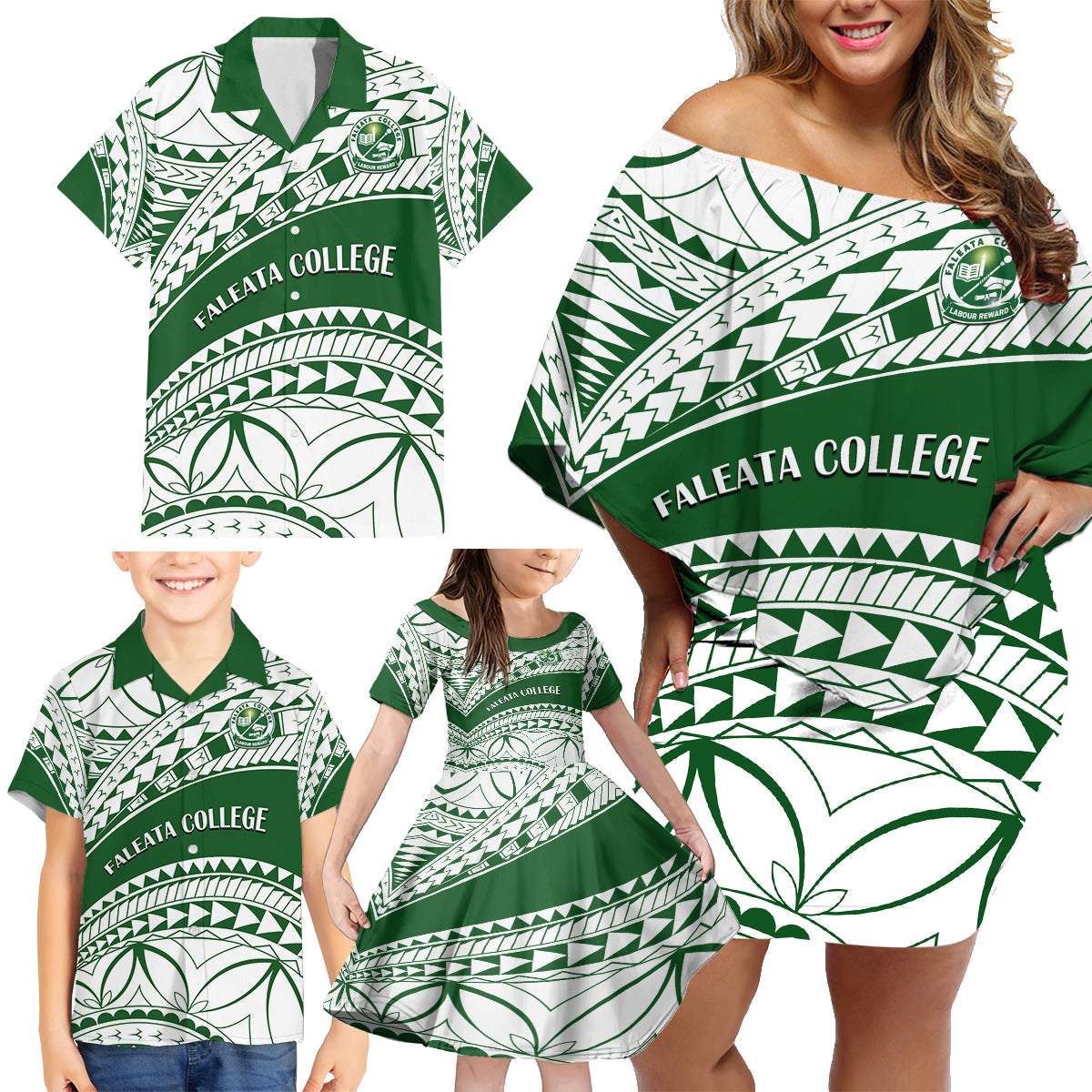 Personalised Samoa Faleata College Family Matching Off Shoulder Short Dress and Hawaiian Shirt Samoan Pattern LT14 - Polynesian Pride