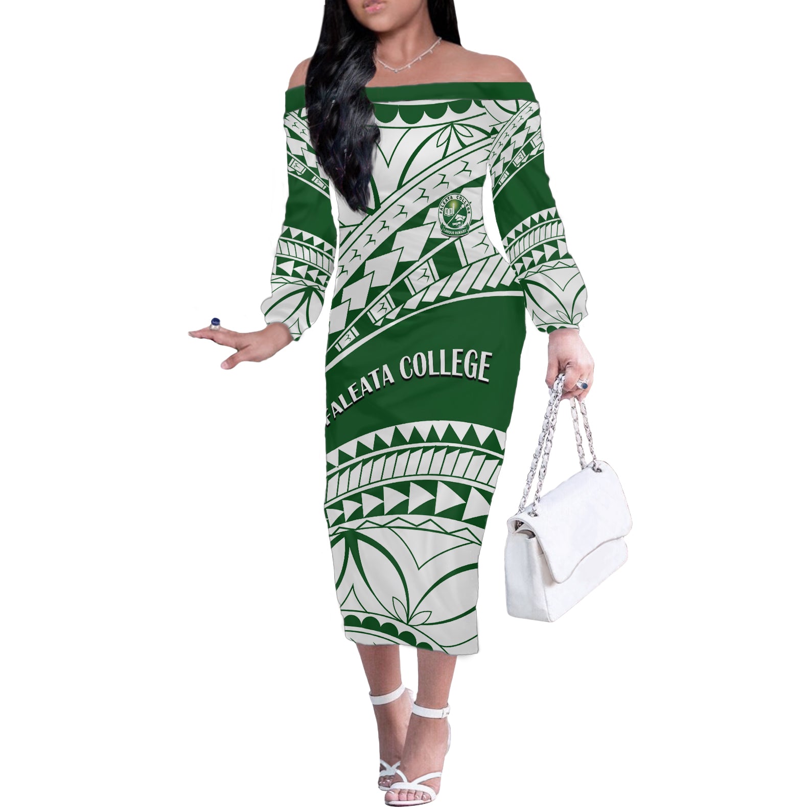 Personalised Samoa Faleata College Off The Shoulder Long Sleeve Dress Samoan Pattern LT14 Women Green - Polynesian Pride