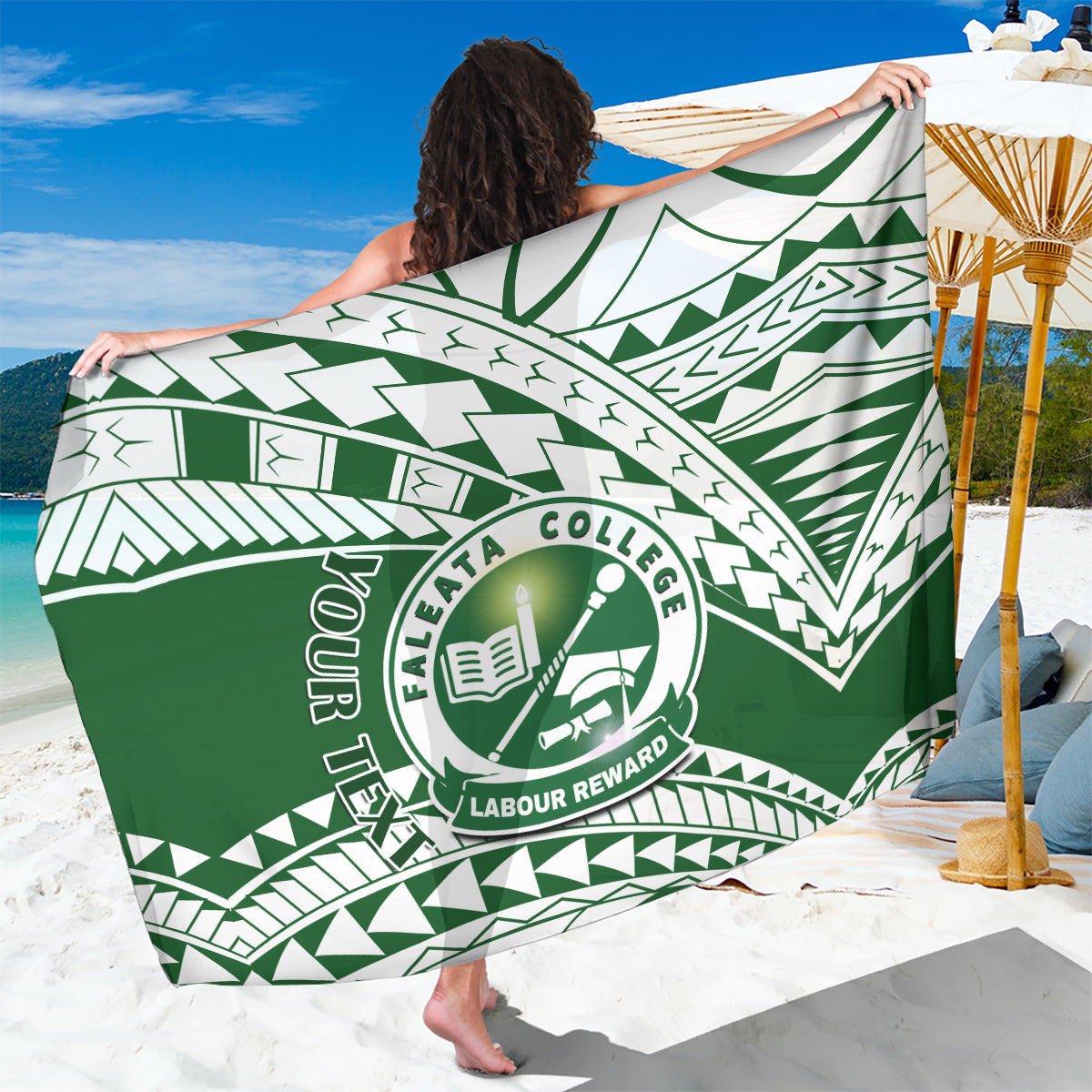 Personalised Samoa Faleata College Sarong Samoan Pattern LT14 One Size 44 x 66 inches Green - Polynesian Pride