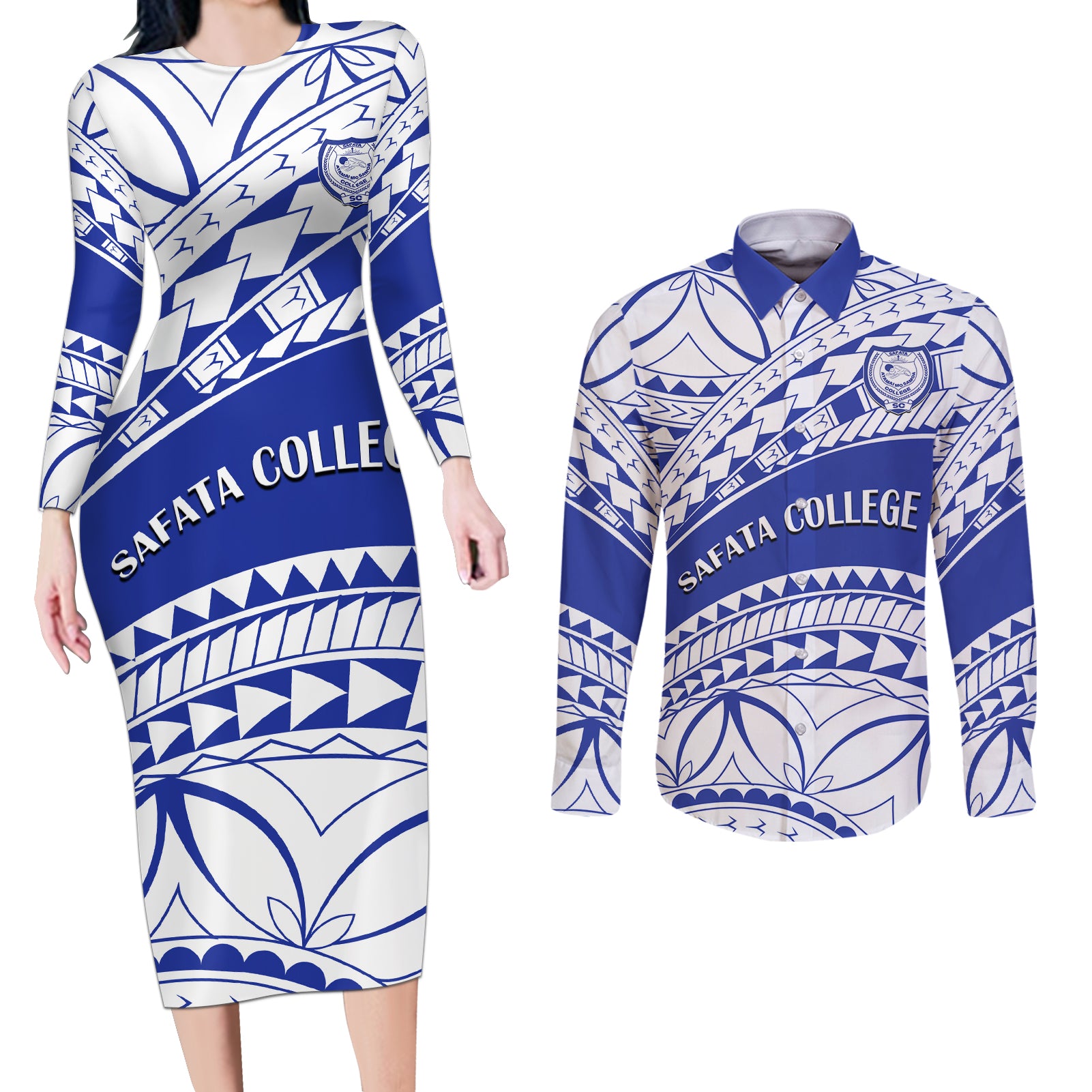 Personalised Samoa Safata College Couples Matching Long Sleeve Bodycon Dress and Long Sleeve Button Shirt Samoan Pattern LT14 Blue - Polynesian Pride