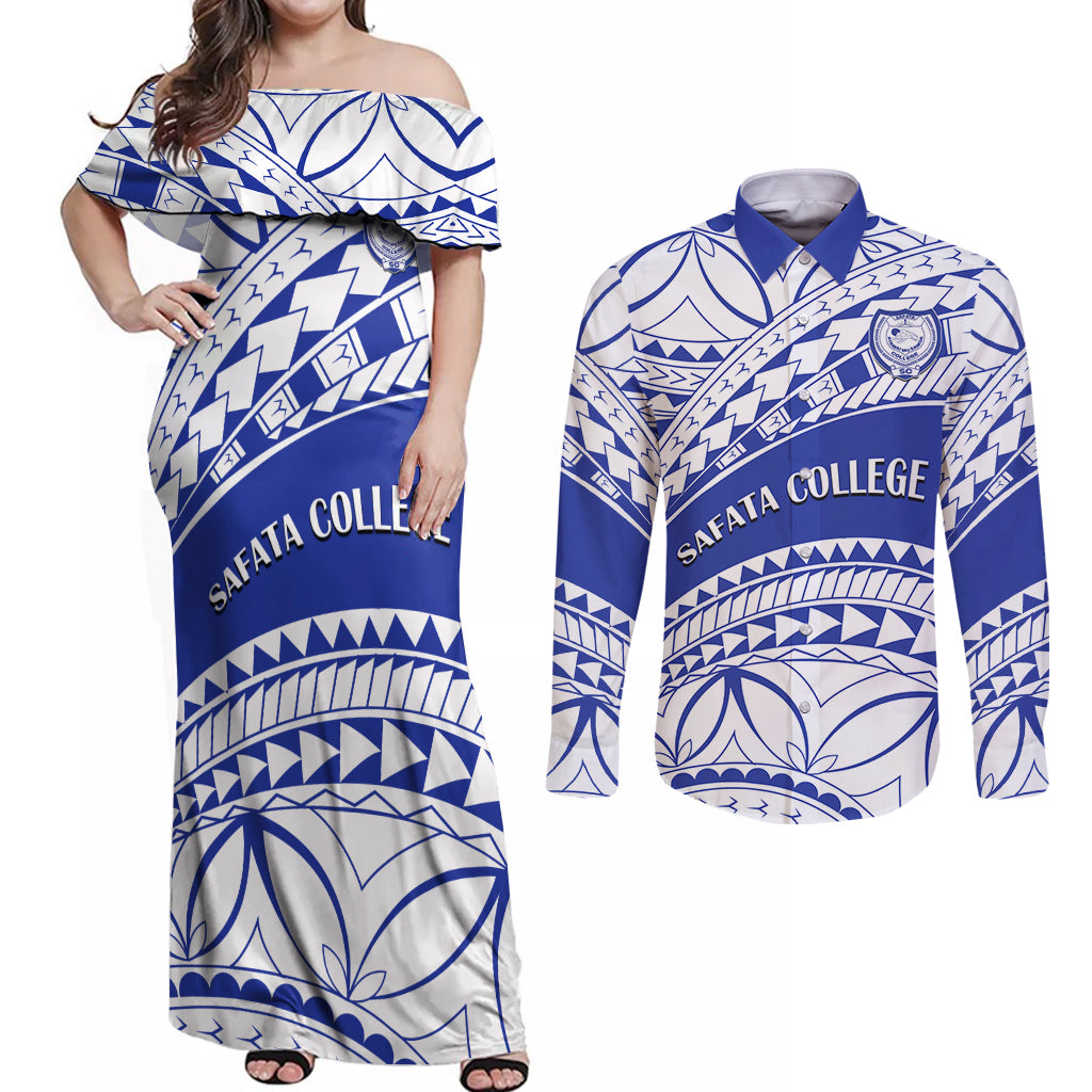 Personalised Samoa Safata College Couples Matching Off Shoulder Maxi Dress and Long Sleeve Button Shirt Samoan Pattern LT14 Blue - Polynesian Pride