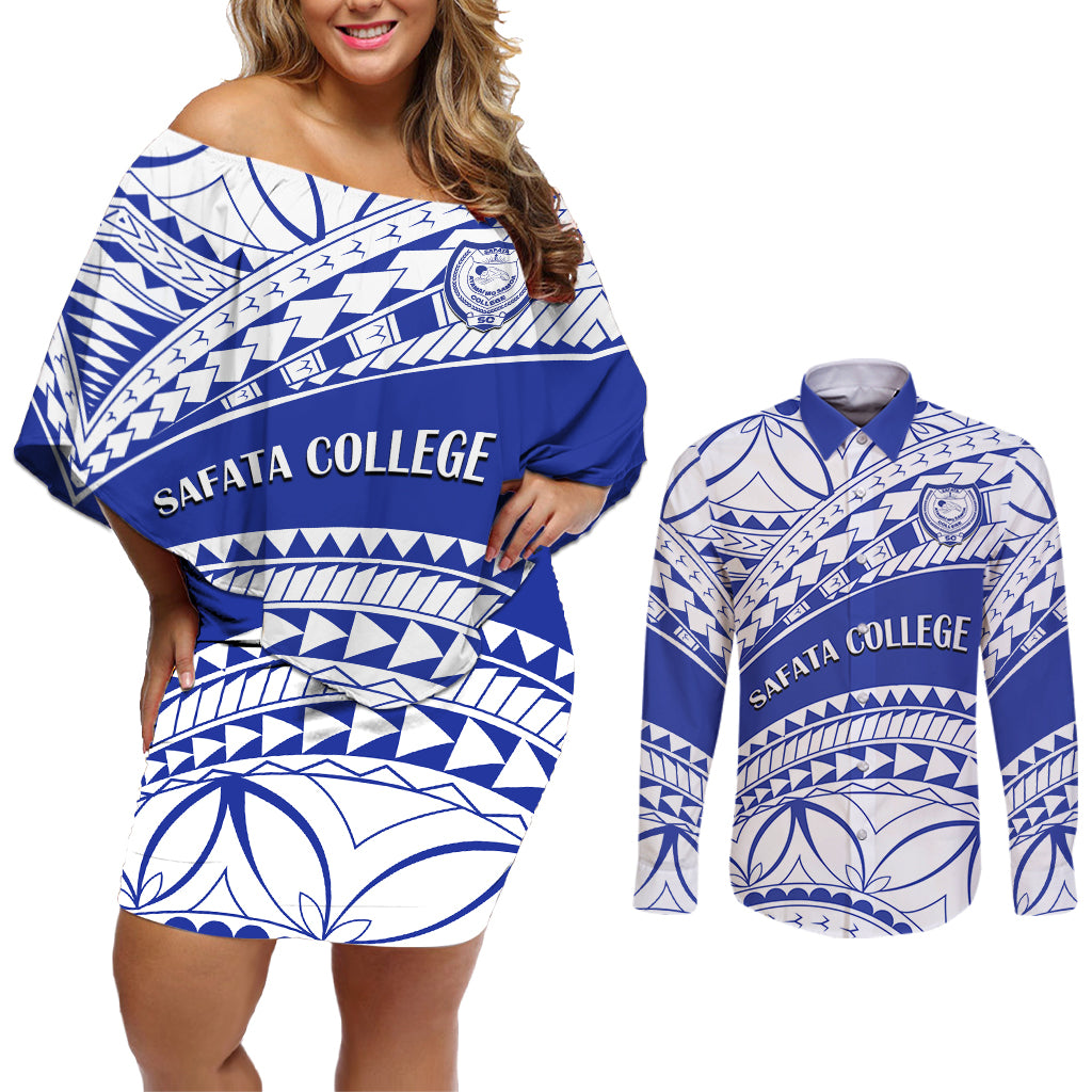 Personalised Samoa Safata College Couples Matching Off Shoulder Short Dress and Long Sleeve Button Shirt Samoan Pattern LT14 Blue - Polynesian Pride