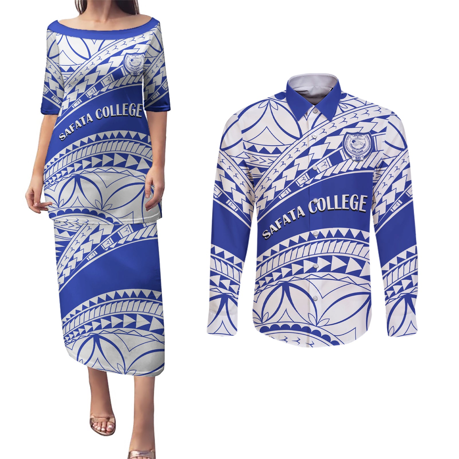 Personalised Samoa Safata College Couples Matching Puletasi Dress and Long Sleeve Button Shirt Samoan Pattern LT14 Blue - Polynesian Pride