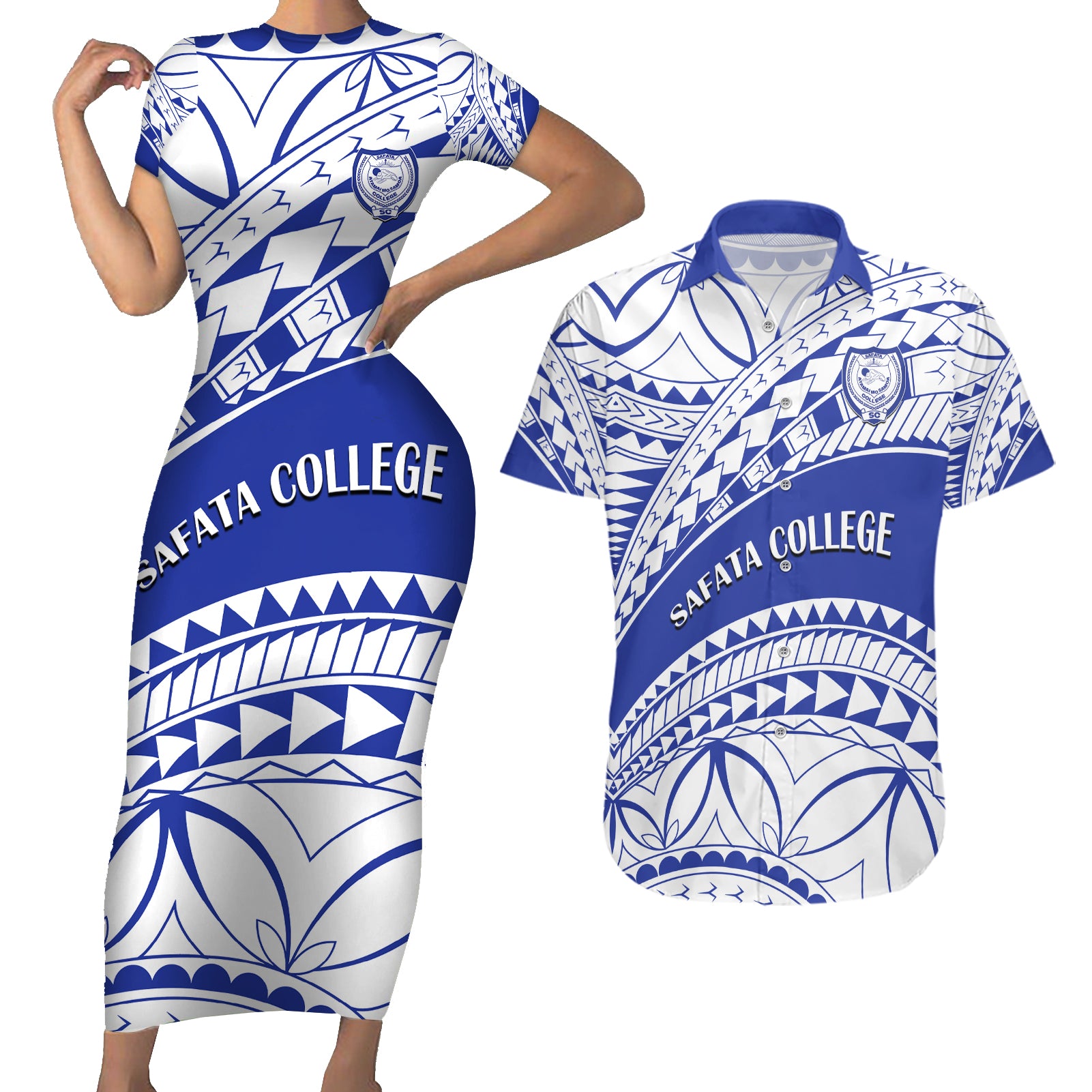 Personalised Samoa Safata College Couples Matching Short Sleeve Bodycon Dress and Hawaiian Shirt Samoan Pattern LT14 Blue - Polynesian Pride