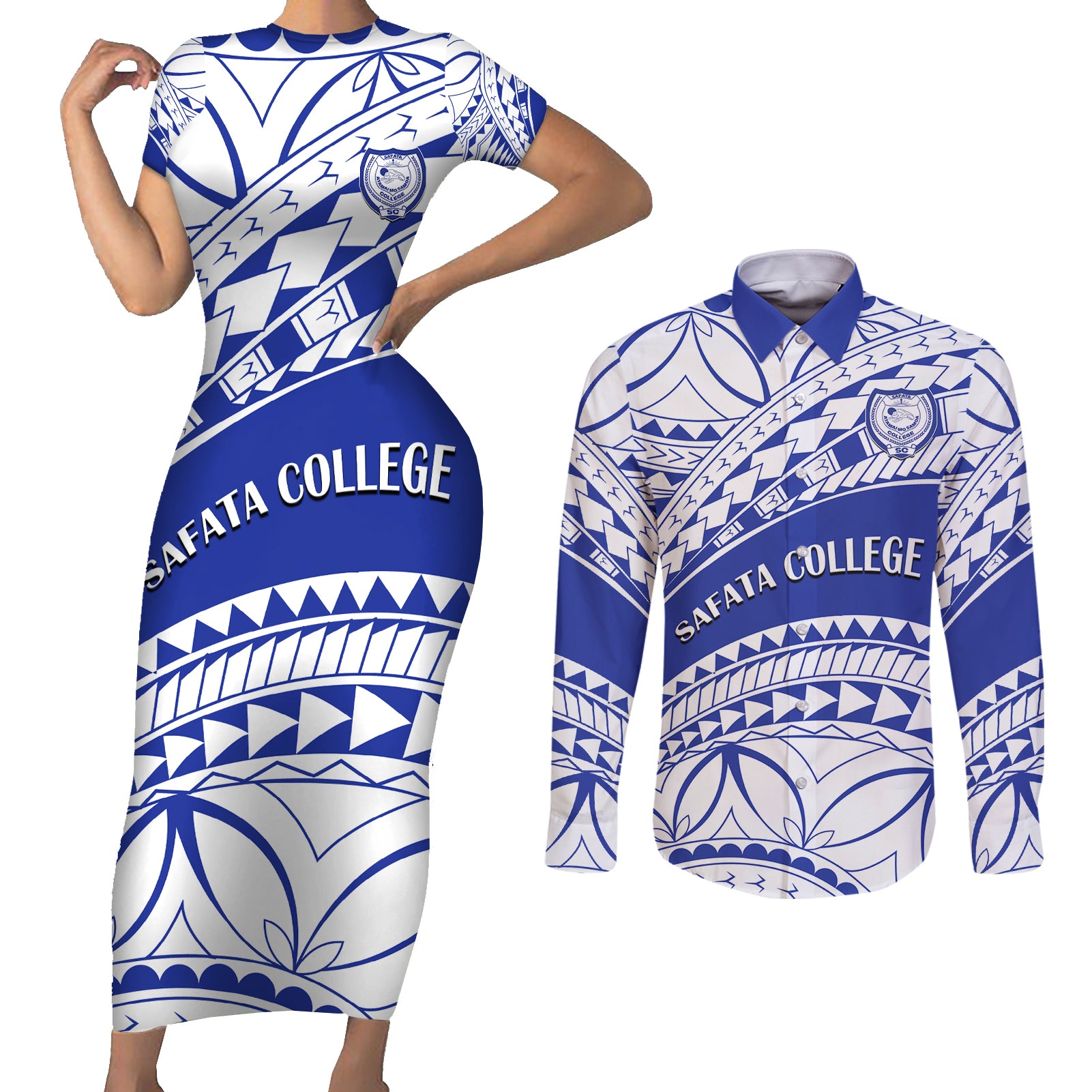 Personalised Samoa Safata College Couples Matching Short Sleeve Bodycon Dress and Long Sleeve Button Shirt Samoan Pattern LT14 Blue - Polynesian Pride