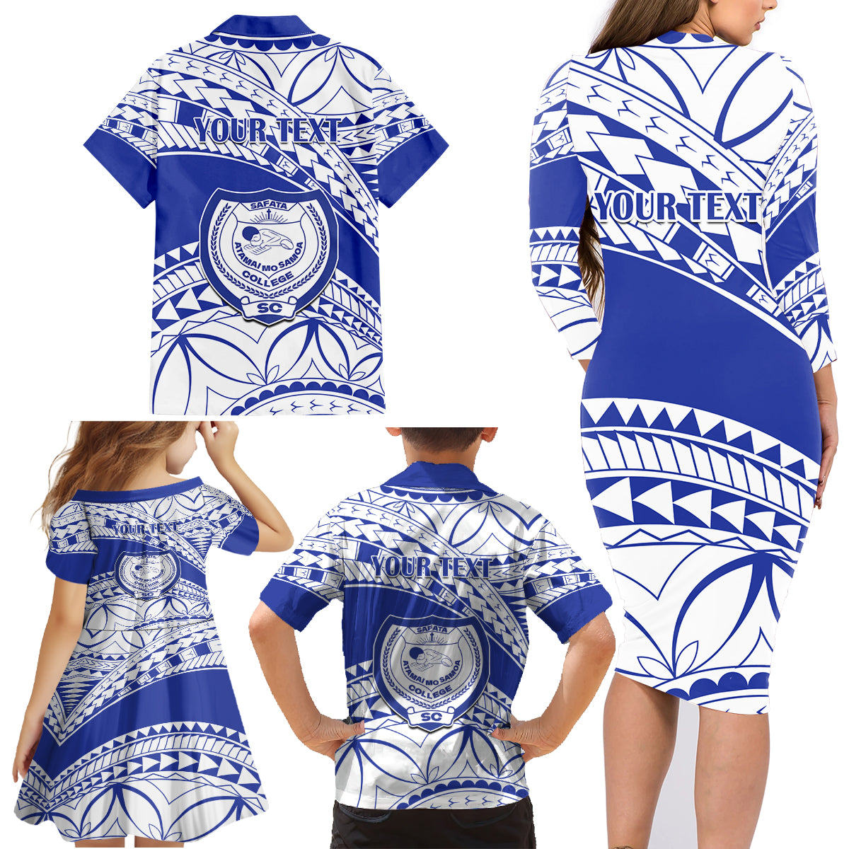Personalised Samoa Safata College Family Matching Long Sleeve Bodycon Dress and Hawaiian Shirt Samoan Pattern LT14 - Polynesian Pride