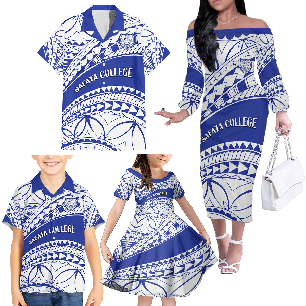 Personalised Samoa Safata College Family Matching Off Shoulder Long Sleeve Dress and Hawaiian Shirt Samoan Pattern LT14 - Polynesian Pride