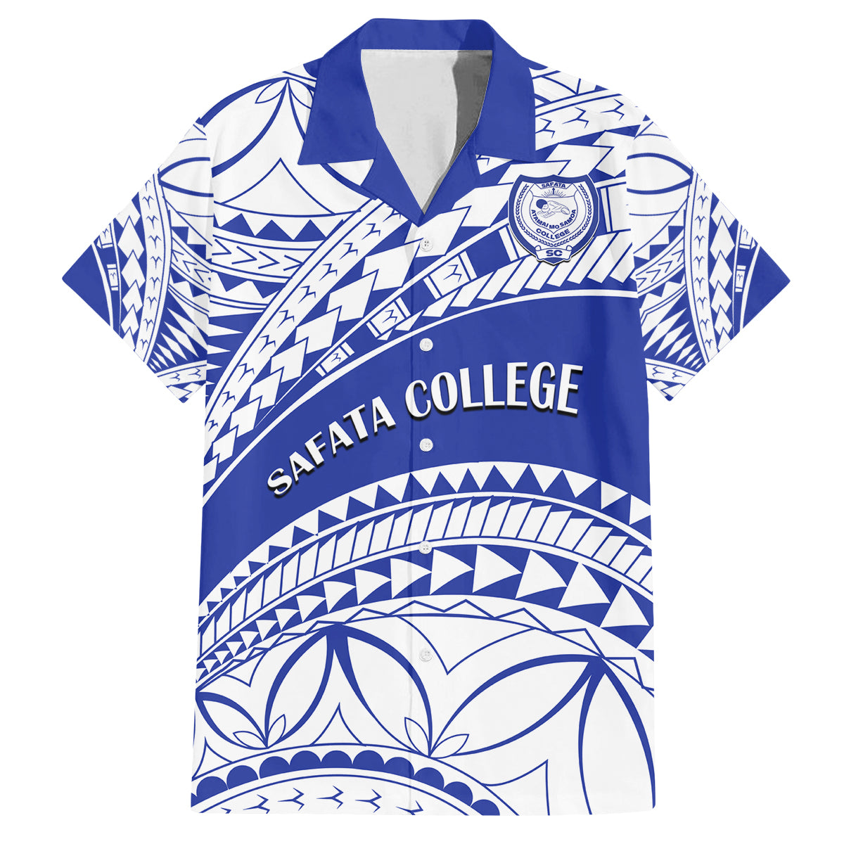 Personalised Samoa Safata College Family Matching Puletasi Dress and Hawaiian Shirt Samoan Pattern LT14 Dad's Shirt - Short Sleeve Blue - Polynesian Pride
