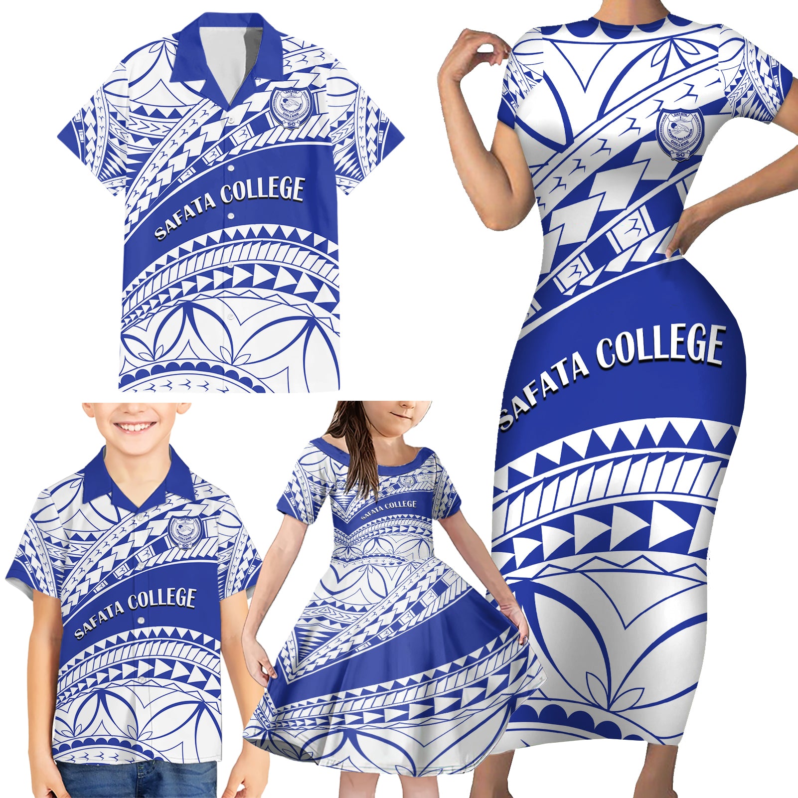 Personalised Samoa Safata College Family Matching Short Sleeve Bodycon Dress and Hawaiian Shirt Samoan Pattern LT14 - Polynesian Pride