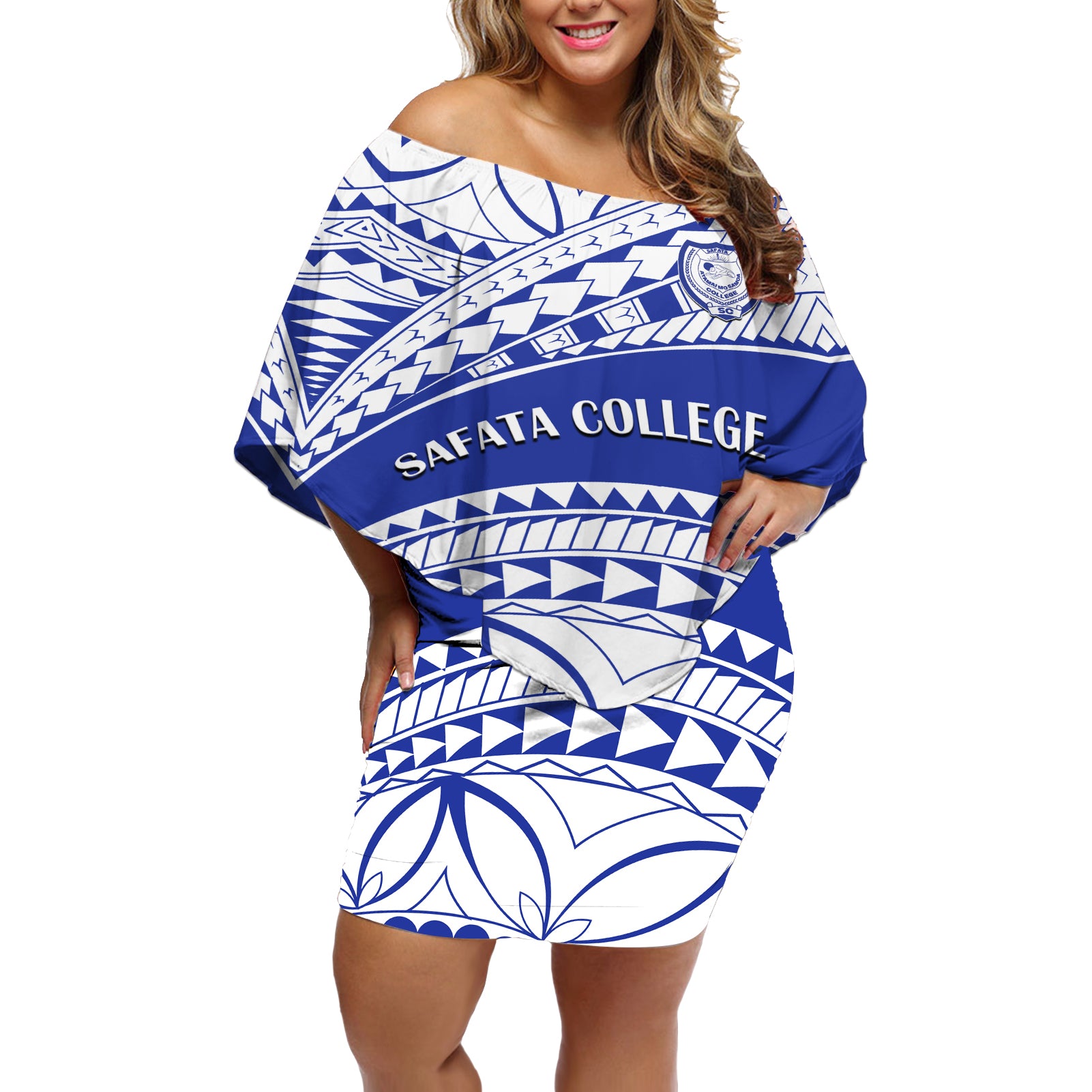 Personalised Samoa Safata College Off Shoulder Short Dress Samoan Pattern LT14 Women Blue - Polynesian Pride