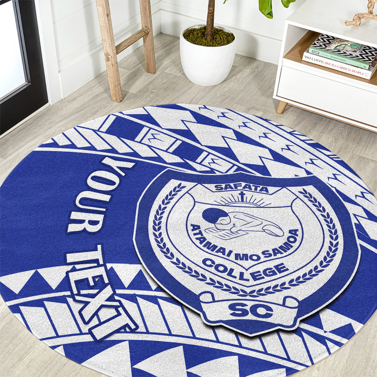 Personalised Samoa Safata College Round Carpet Samoan Pattern LT14 Blue - Polynesian Pride