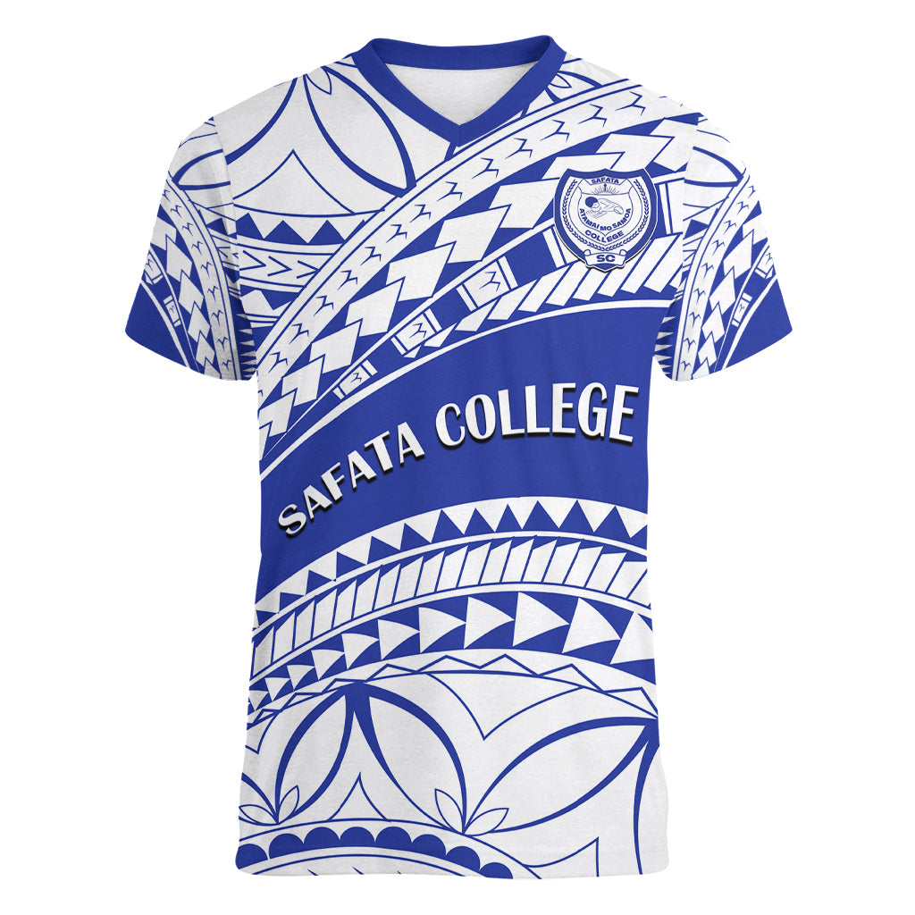 Personalised Samoa Safata College Women V Neck T Shirt Samoan Pattern LT14 Female Blue - Polynesian Pride