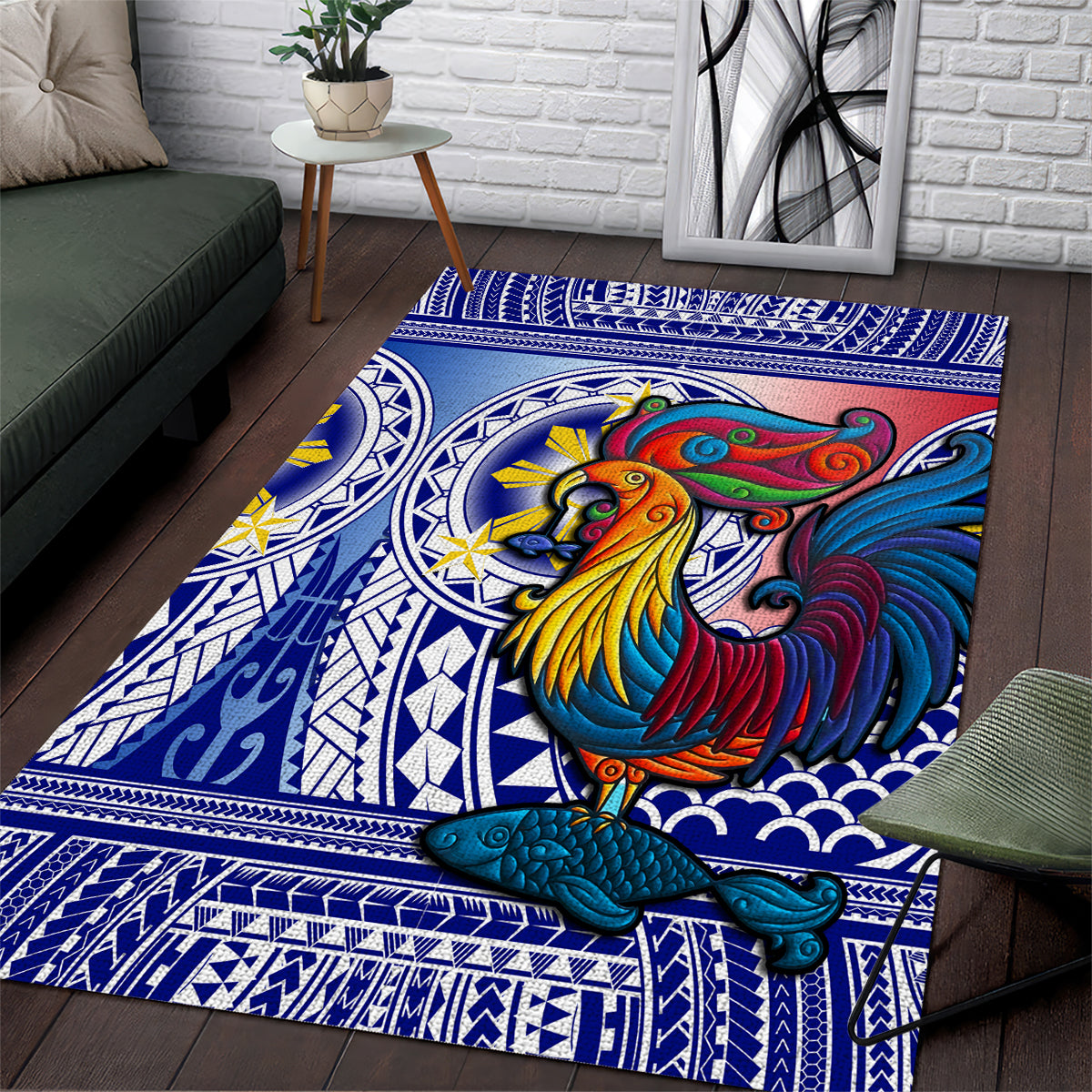 Philippines Area Rug Filipino Sarimanok With Polynesian Tattoo LT14 Blue - Polynesian Pride
