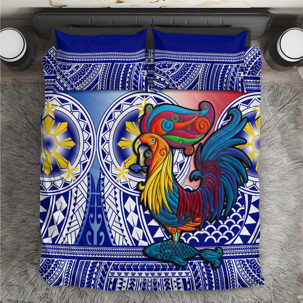 Philippines Bedding Set Filipino Sarimanok With Polynesian Tattoo LT14 Blue - Polynesian Pride