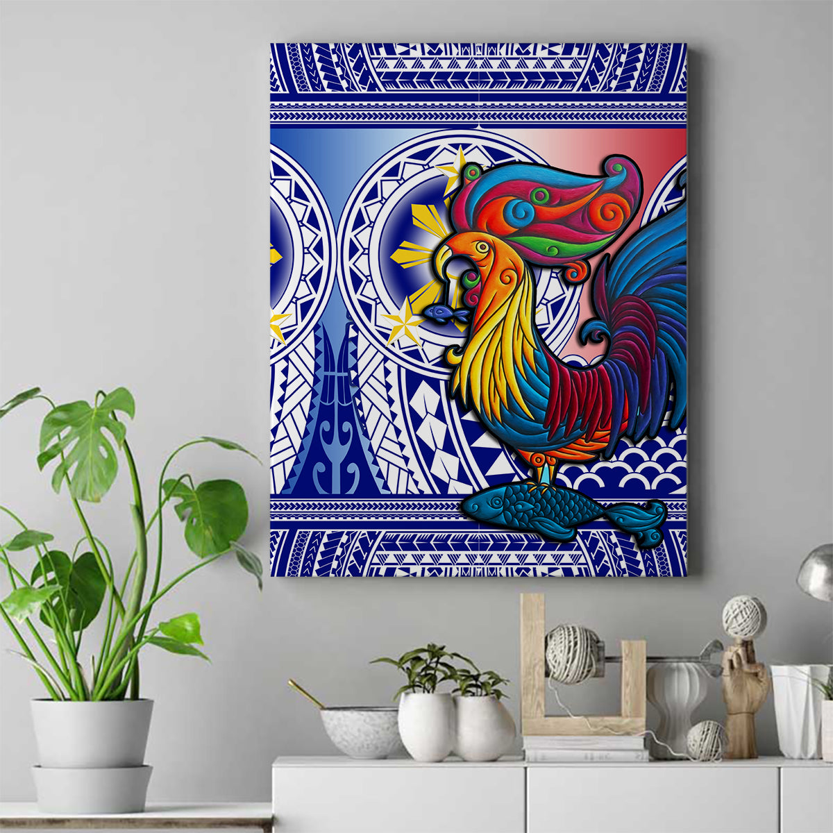 Philippines Canvas Wall Art Filipino Sarimanok With Polynesian Tattoo LT14 Blue - Polynesian Pride