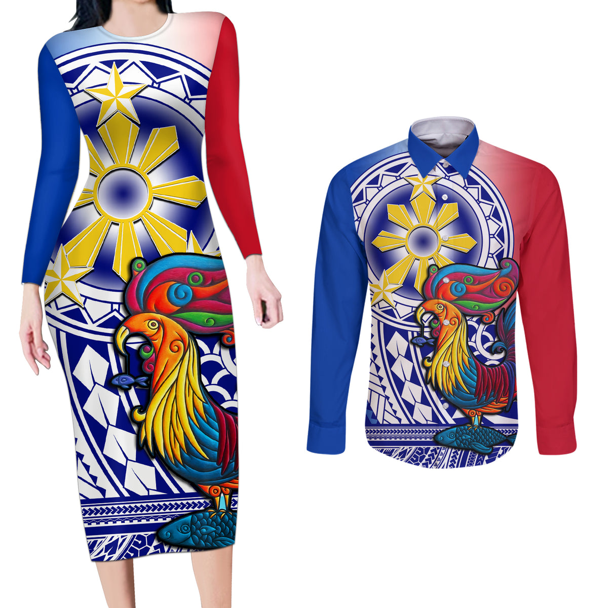 Personalised Philippines Couples Matching Long Sleeve Bodycon Dress and Long Sleeve Button Shirt Filipino Sarimanok With Polynesian Tattoo LT14 Blue - Polynesian Pride