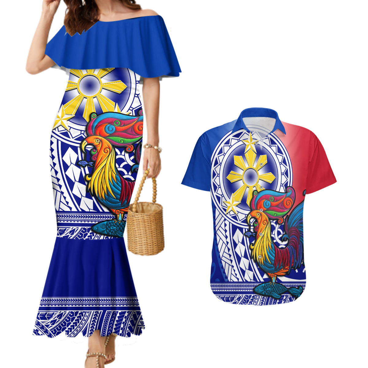 Personalised Philippines Couples Matching Mermaid Dress and Hawaiian Shirt Filipino Sarimanok With Polynesian Tattoo LT14 Blue - Polynesian Pride