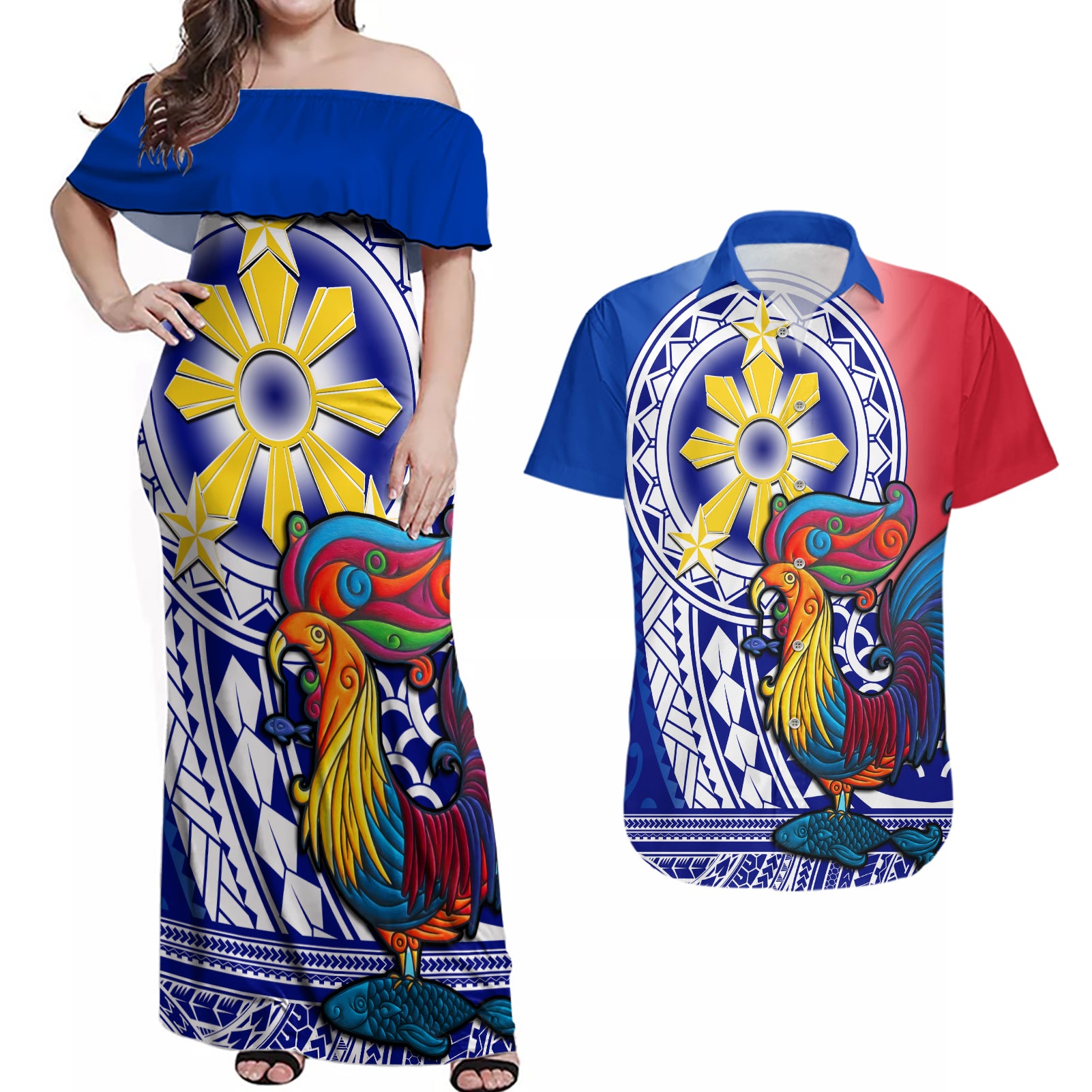 Personalised Philippines Couples Matching Off Shoulder Maxi Dress and Hawaiian Shirt Filipino Sarimanok With Polynesian Tattoo LT14 Blue - Polynesian Pride