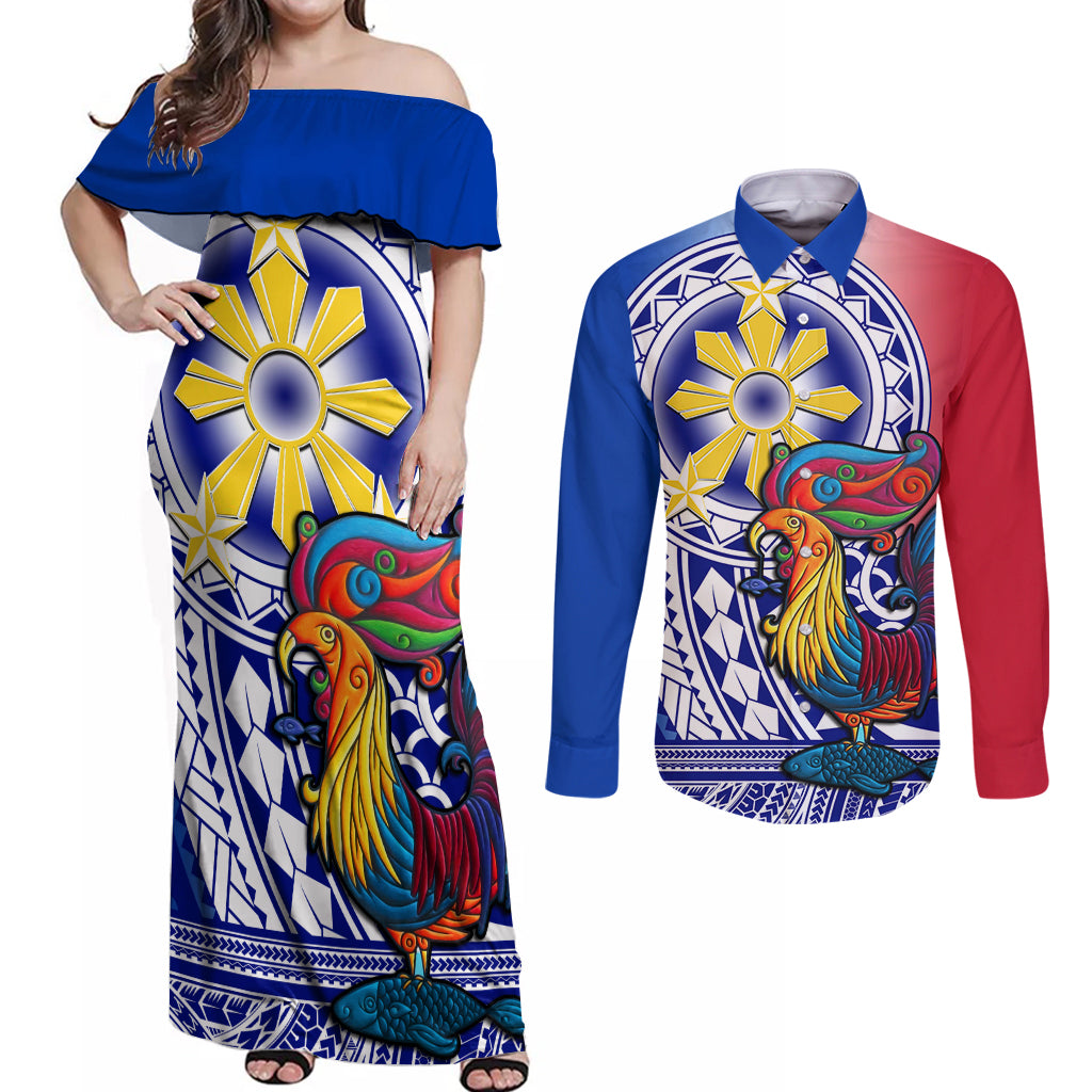 Personalised Philippines Couples Matching Off Shoulder Maxi Dress and Long Sleeve Button Shirt Filipino Sarimanok With Polynesian Tattoo LT14 Blue - Polynesian Pride