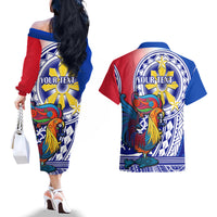 Personalised Philippines Couples Matching Off The Shoulder Long Sleeve Dress and Hawaiian Shirt Filipino Sarimanok With Polynesian Tattoo LT14 - Polynesian Pride