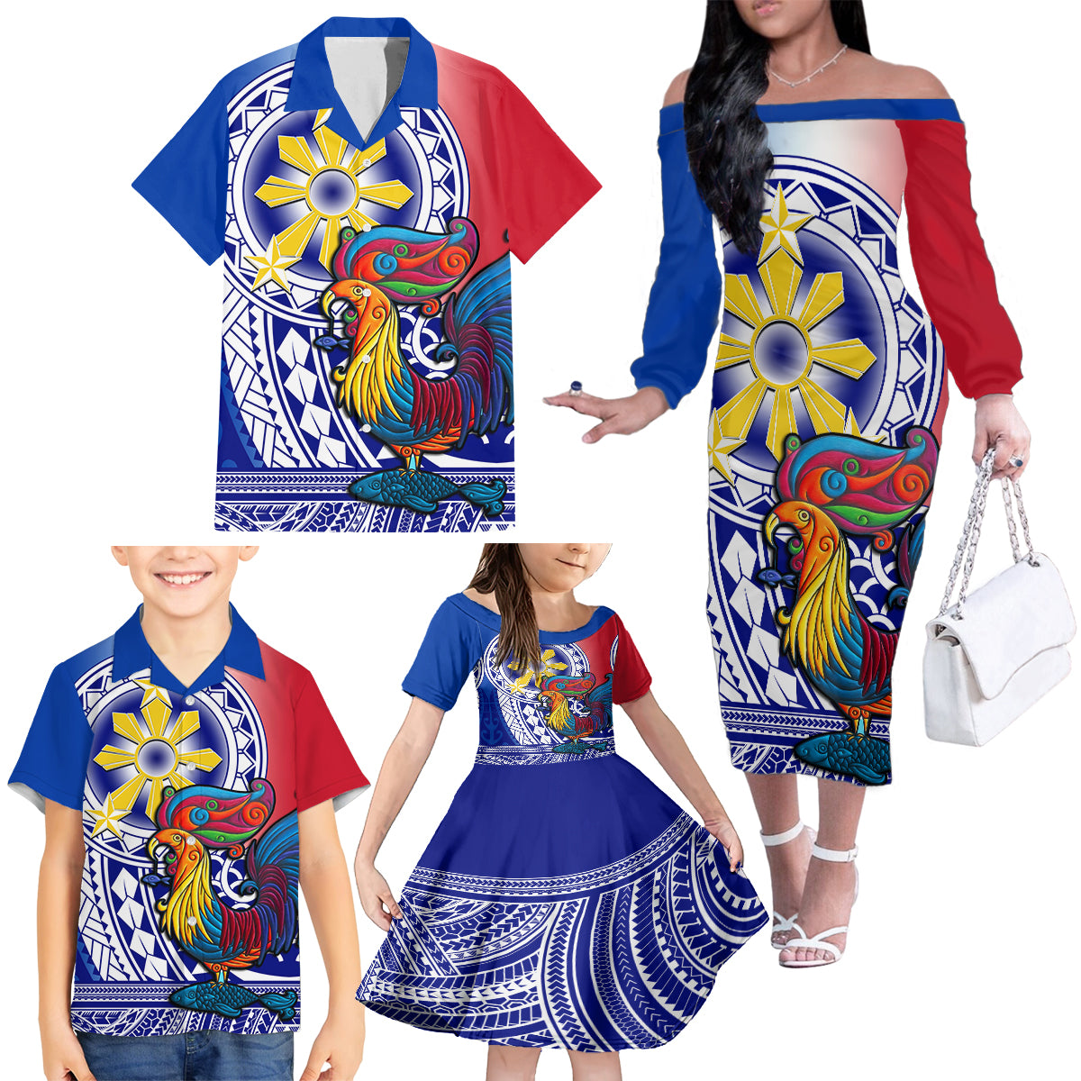 Personalised Philippines Family Matching Off Shoulder Long Sleeve Dress and Hawaiian Shirt Filipino Sarimanok With Polynesian Tattoo LT14 - Polynesian Pride