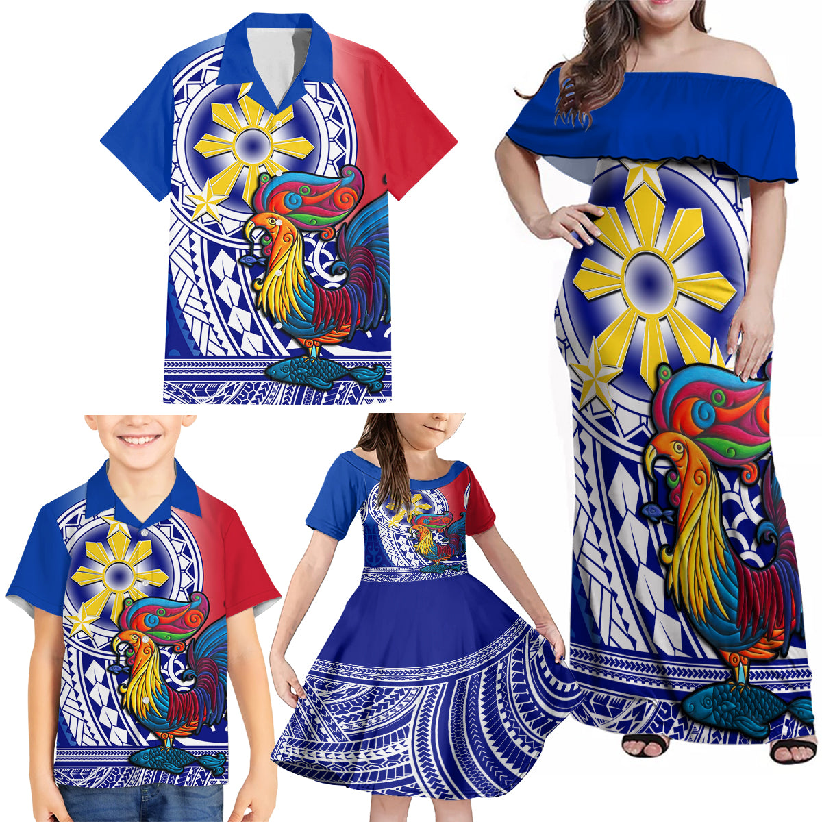 Personalised Philippines Family Matching Off Shoulder Maxi Dress and Hawaiian Shirt Filipino Sarimanok With Polynesian Tattoo LT14 - Polynesian Pride