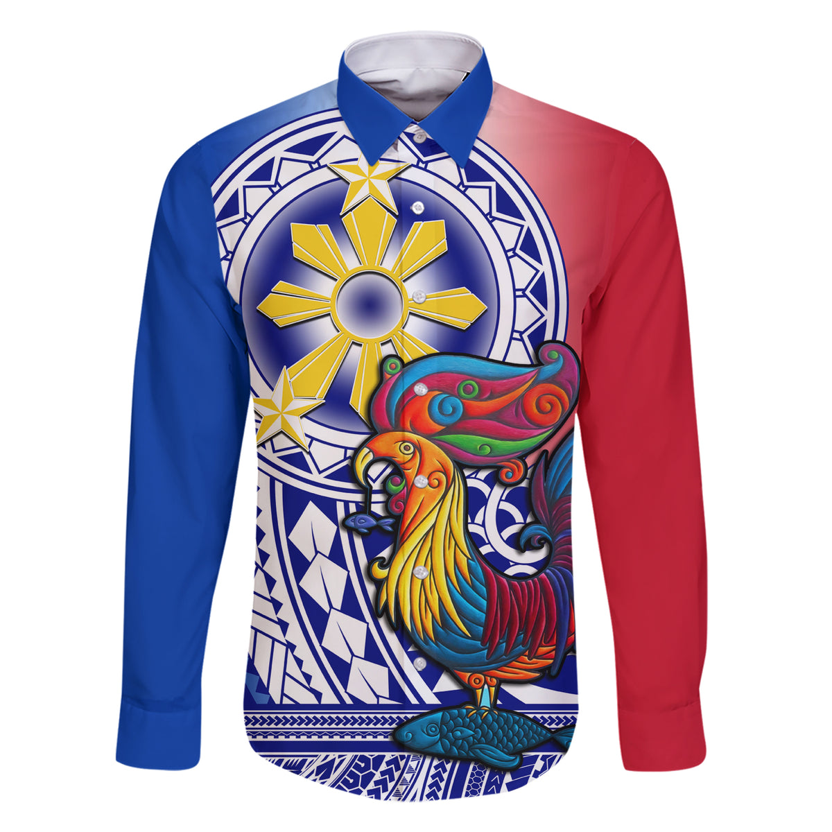 Personalised Philippines Family Matching Short Sleeve Bodycon Dress and Hawaiian Shirt Filipino Sarimanok With Polynesian Tattoo LT14 Dad's Shirt - Long Sleeve Blue - Polynesian Pride