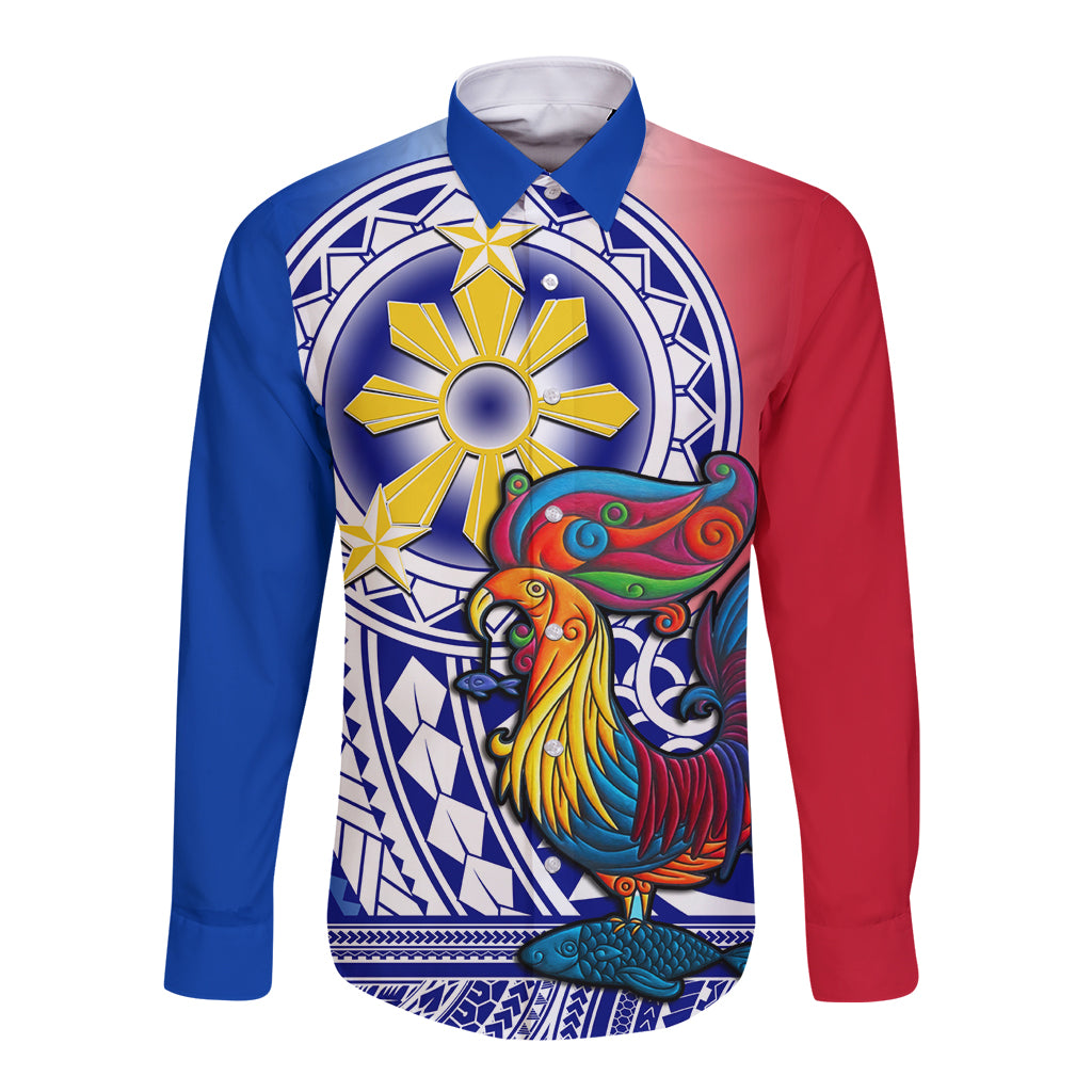 Personalised Philippines Long Sleeve Button Shirt Filipino Sarimanok With Polynesian Tattoo LT14 Unisex Blue - Polynesian Pride