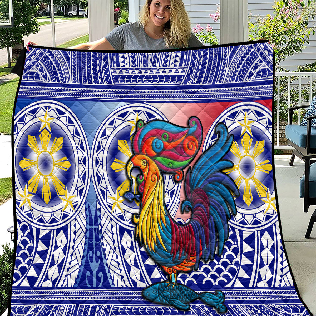 Philippines Quilt Filipino Sarimanok With Polynesian Tattoo LT14 Blue - Polynesian Pride