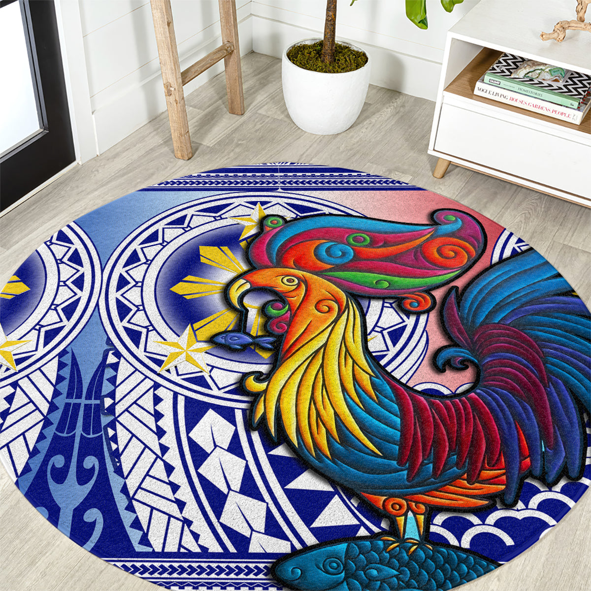 Philippines Round Carpet Filipino Sarimanok With Polynesian Tattoo LT14 Blue - Polynesian Pride