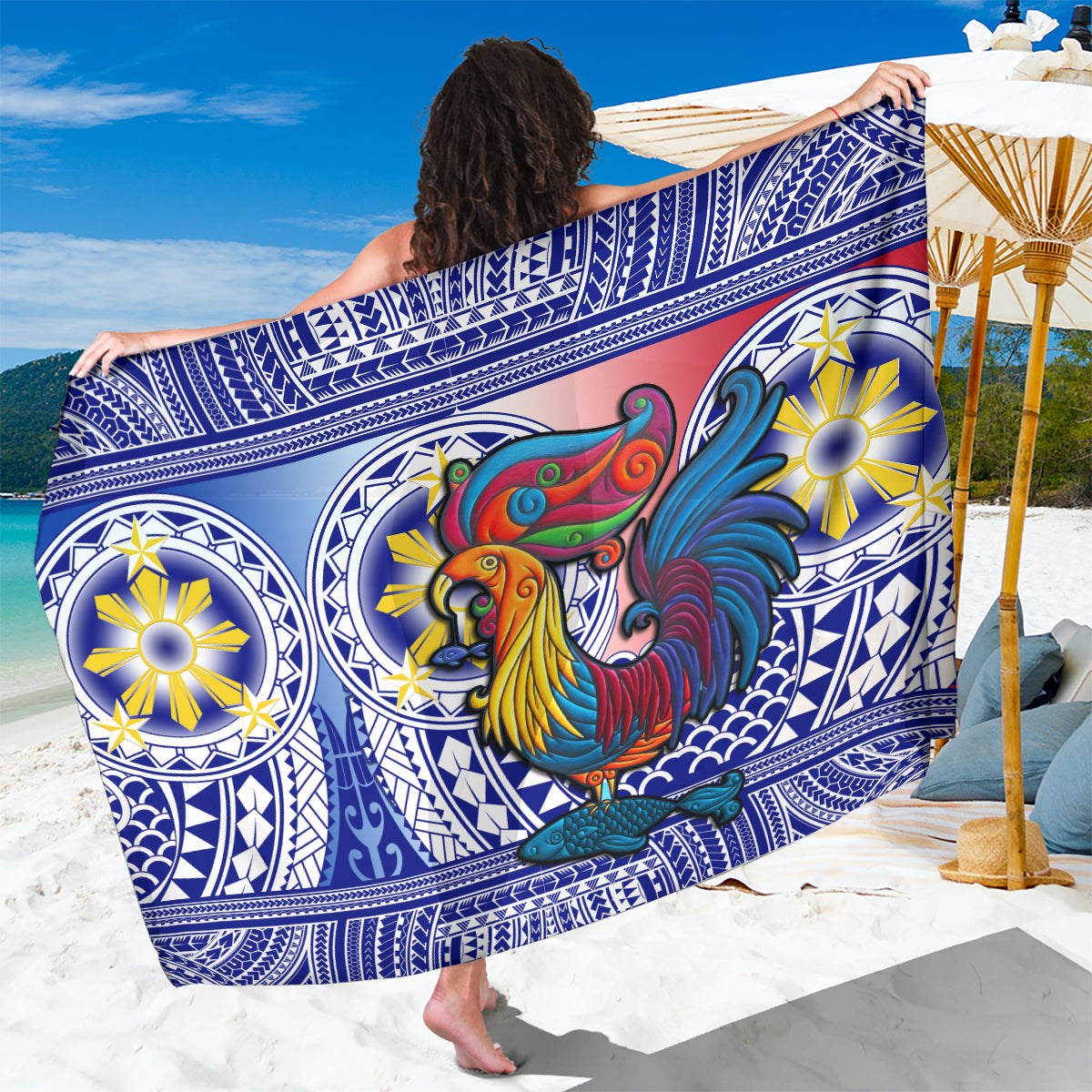 Philippines Sarong Filipino Sarimanok With Polynesian Tattoo LT14 One Size 44 x 66 inches Blue - Polynesian Pride