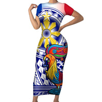 Personalised Philippines Short Sleeve Bodycon Dress Filipino Sarimanok With Polynesian Tattoo LT14 Long Dress Blue - Polynesian Pride