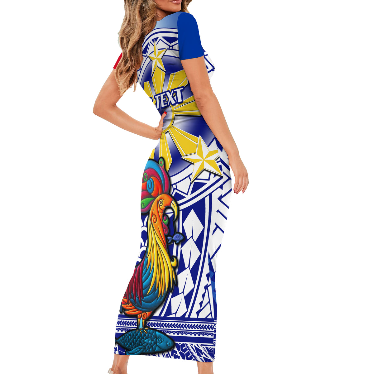 Personalised Philippines Short Sleeve Bodycon Dress Filipino Sarimanok With Polynesian Tattoo LT14 - Polynesian Pride