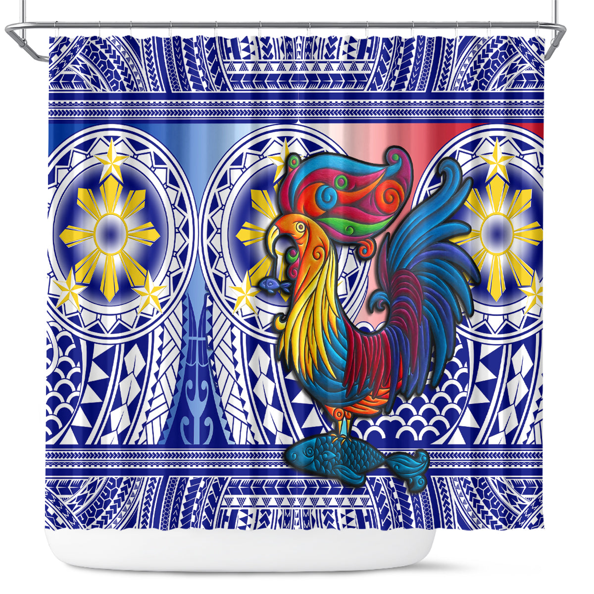 Philippines Shower Curtain Filipino Sarimanok With Polynesian Tattoo LT14 Blue - Polynesian Pride