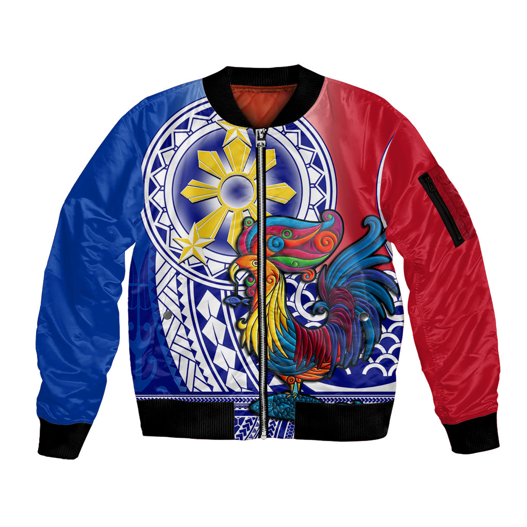 Personalised Philippines Sleeve Zip Bomber Jacket Filipino Sarimanok With Polynesian Tattoo LT14 Unisex Blue - Polynesian Pride