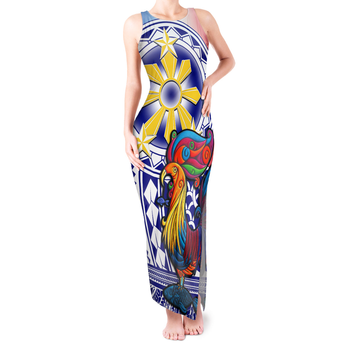 Personalised Philippines Tank Maxi Dress Filipino Sarimanok With Polynesian Tattoo LT14 Women Blue - Polynesian Pride