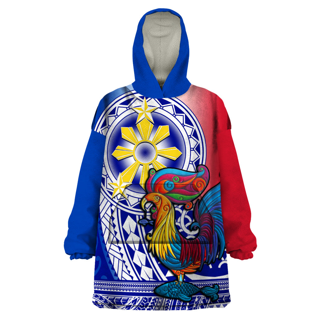 Personalised Philippines Wearable Blanket Hoodie Filipino Sarimanok With Polynesian Tattoo LT14 One Size Blue - Polynesian Pride