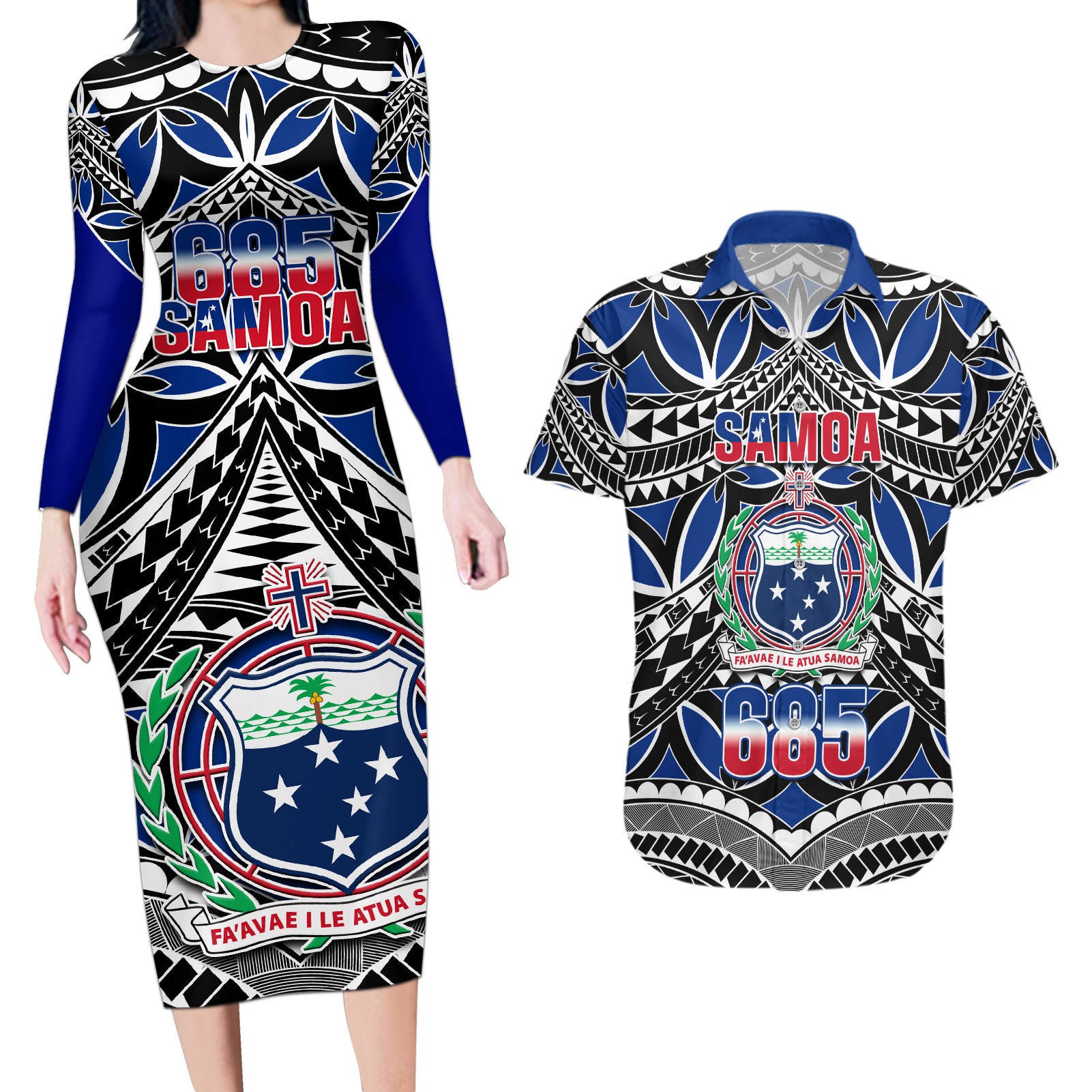 Samoa 685 Couples Matching Long Sleeve Bodycon Dress and Hawaiian Shirt Samoan Coat Of Arms Simple Style LT14 Blue - Polynesian Pride