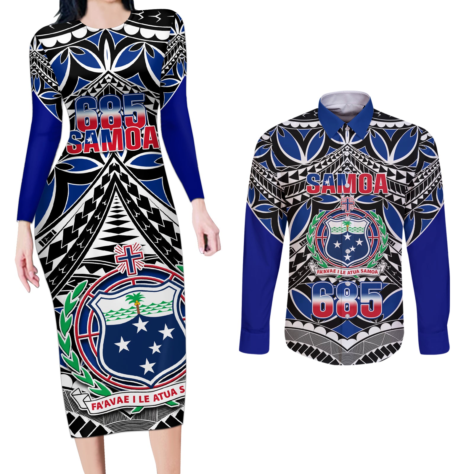 Samoa 685 Couples Matching Long Sleeve Bodycon Dress and Long Sleeve Button Shirt Samoan Coat Of Arms Simple Style LT14 Blue - Polynesian Pride