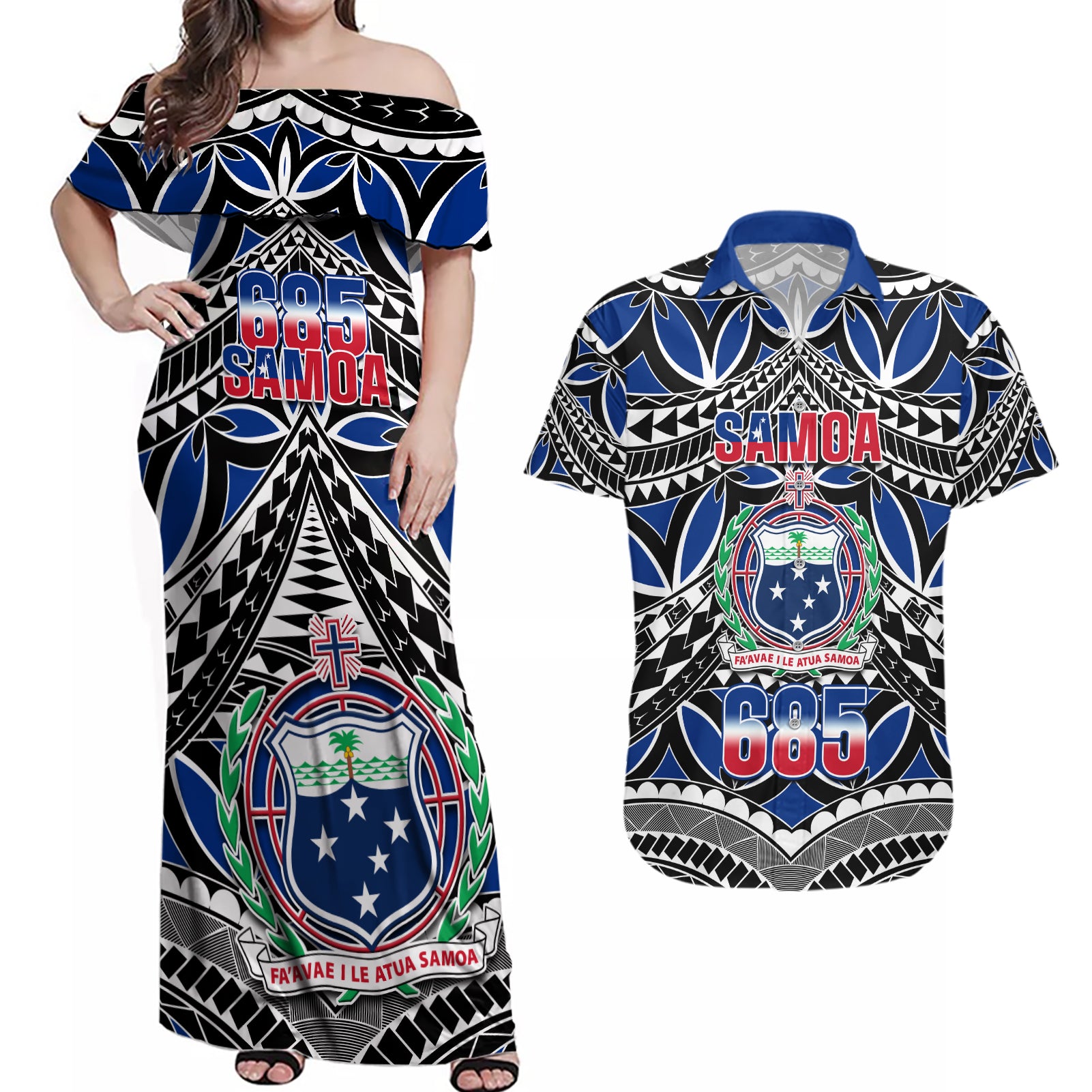 Samoa 685 Couples Matching Off Shoulder Maxi Dress and Hawaiian Shirt Samoan Coat Of Arms Simple Style LT14 Blue - Polynesian Pride