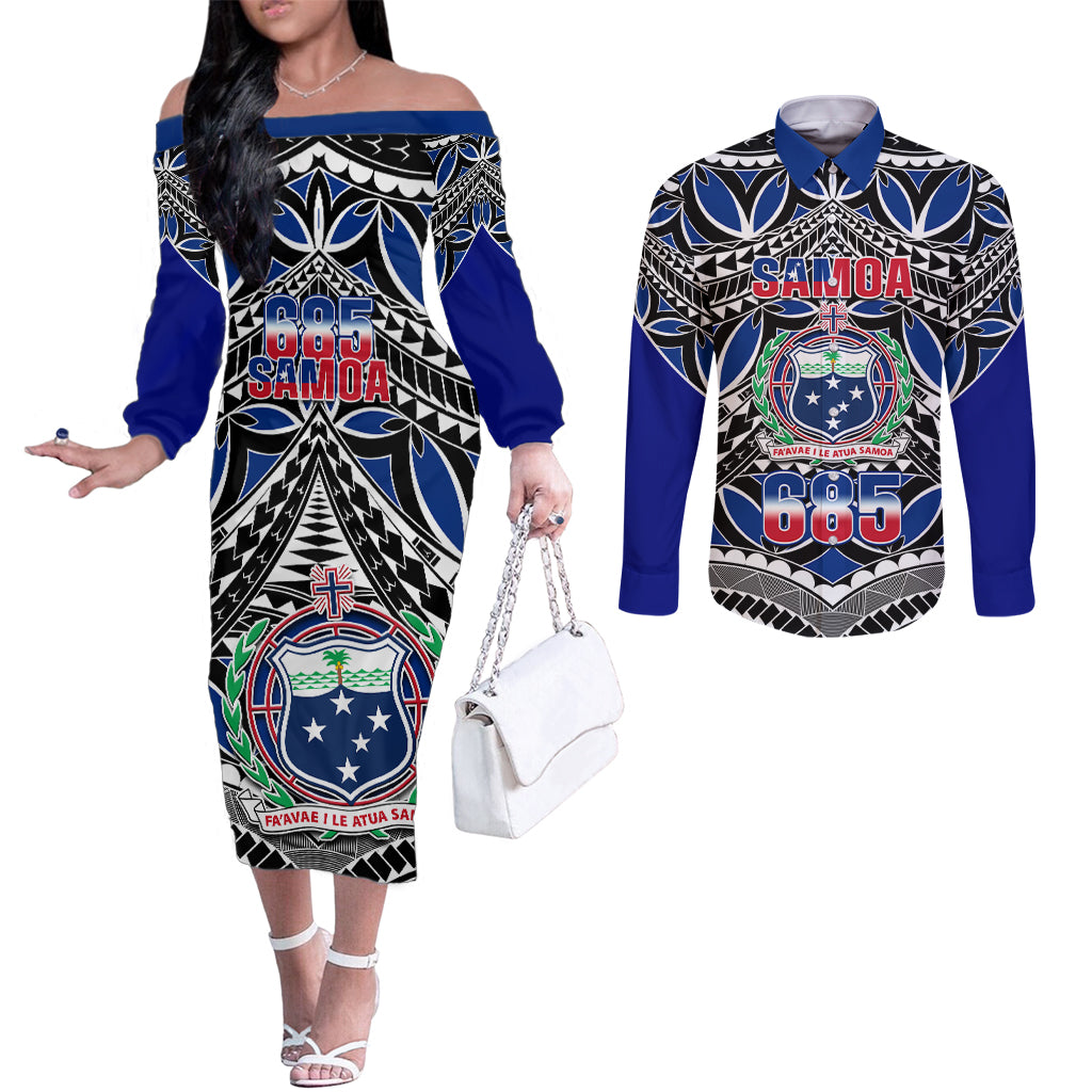 Samoa 685 Couples Matching Off The Shoulder Long Sleeve Dress and Long Sleeve Button Shirt Samoan Coat Of Arms Simple Style LT14 Blue - Polynesian Pride