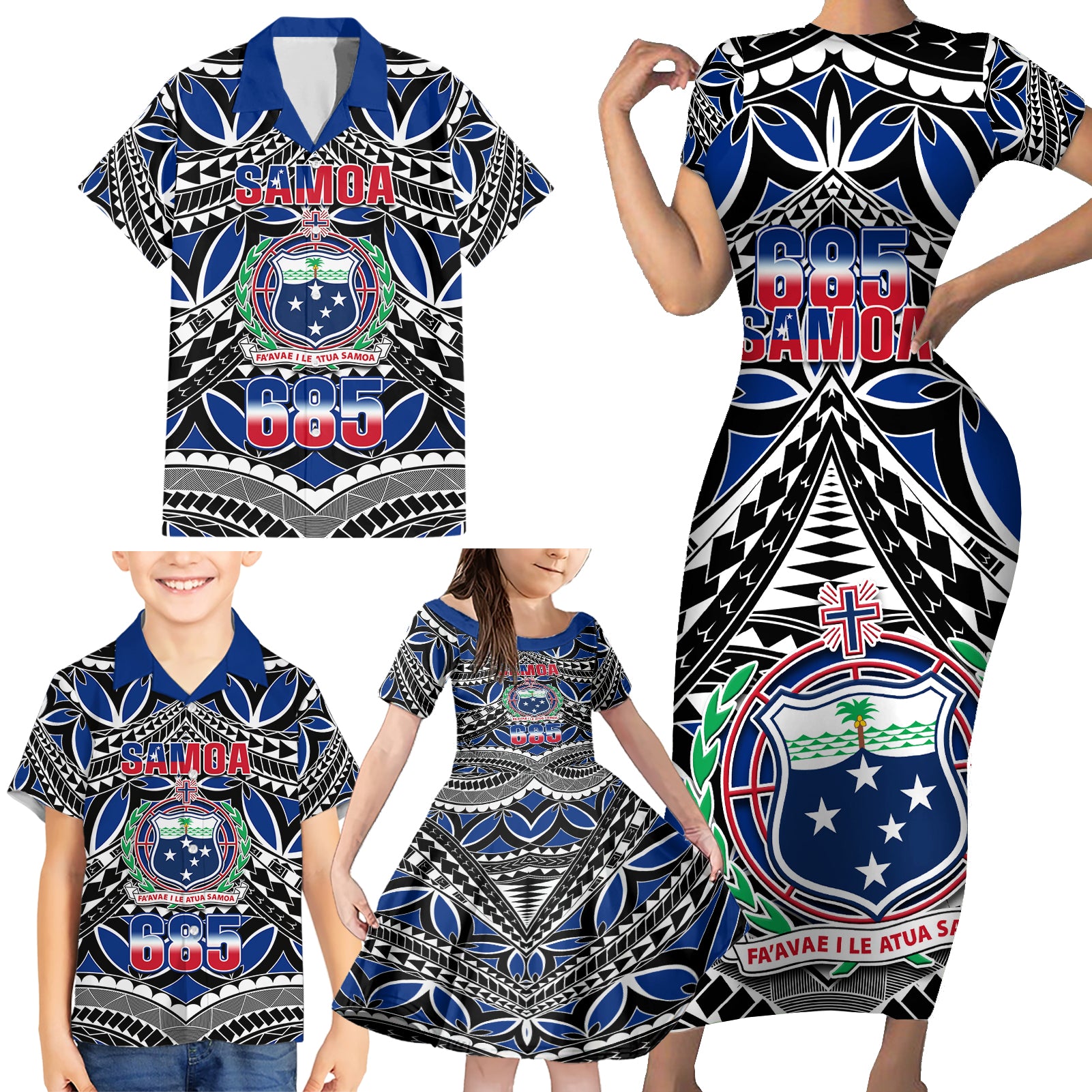 Samoa 685 Family Matching Short Sleeve Bodycon Dress and Hawaiian Shirt Samoan Coat Of Arms Simple Style LT14 - Polynesian Pride