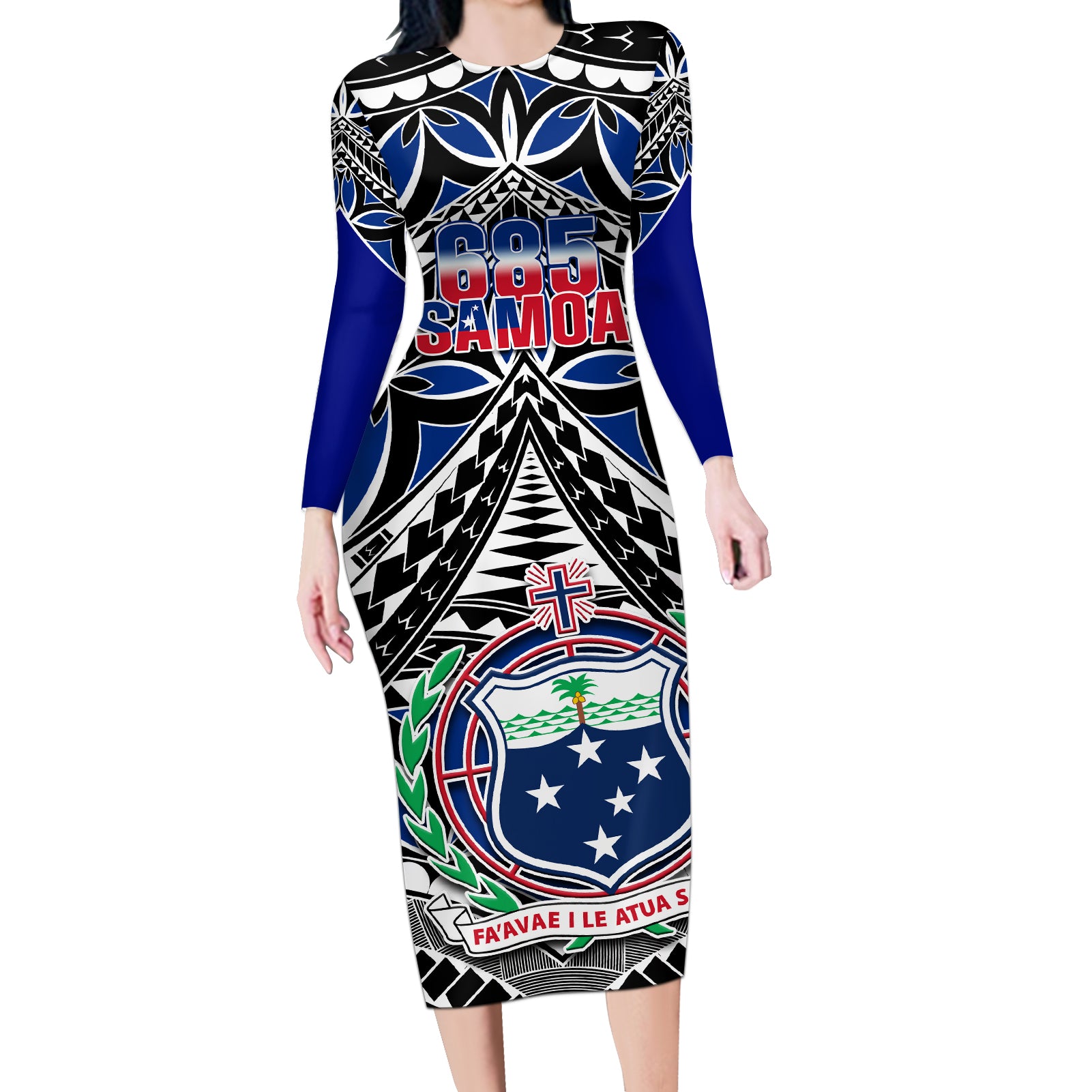 Samoa 685 Long Sleeve Bodycon Dress Samoan Coat Of Arms Simple Style LT14 Long Dress Blue - Polynesian Pride
