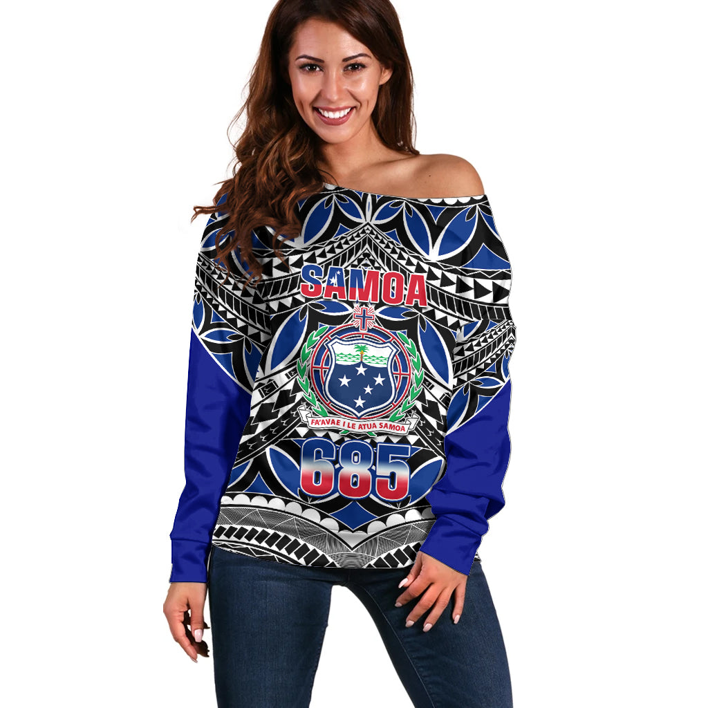 Samoa 685 Off Shoulder Sweater Samoan Coat Of Arms Simple Style LT14 Women Blue - Polynesian Pride